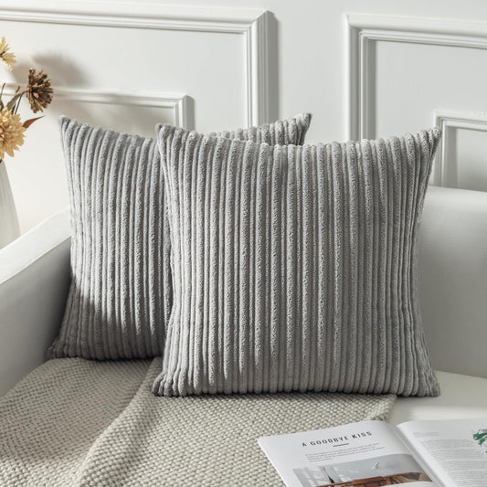 Kevin Textile Decorative Pillow Covers Decor Supersoft Striped Velvet Throw Toss Pillowcase Cushion Cover for Chair, Light Grey, (45x45 cm, 18inch), 2 Pieces