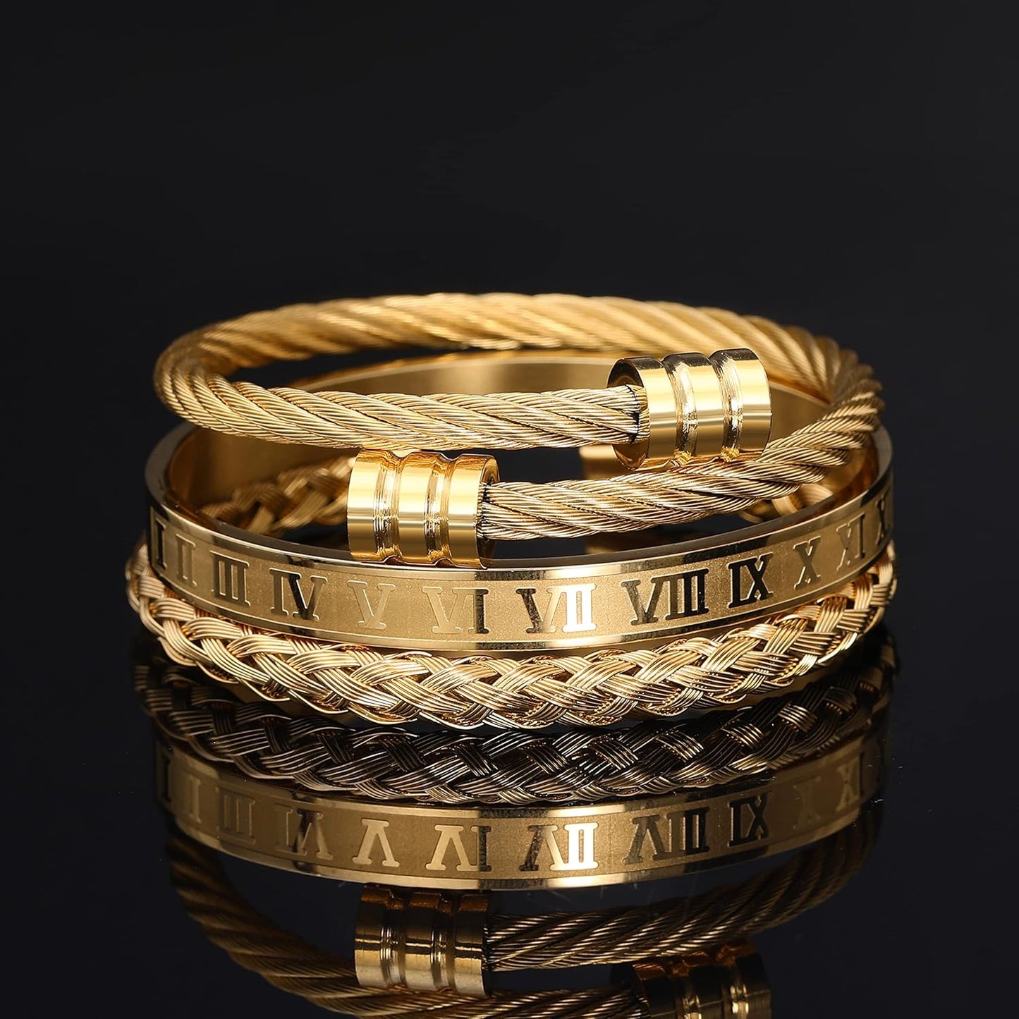 WFYOU 3PCS Stainless Steel Bracelets for Men Gold Roman Numeral Bangle Bracelet Twisted Cable Bracelet Adjustable Cuff Bracelet Mens Luxury Jewelry Bracelets Gifts