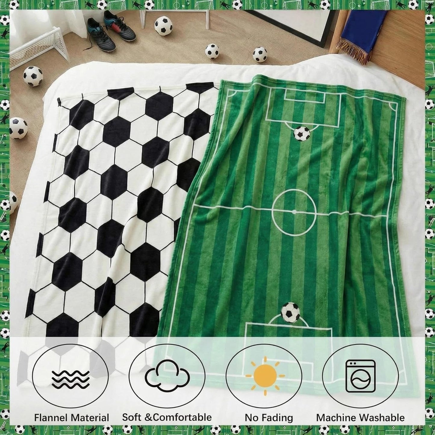 2 Pcs Soccer Blanket 50" x 60" Soccer Flannel Throw Blanket for Teen Team Coach Gifts Ball Themed Accessories Decoration for Sport Lovers Birthday Christmas Adult Gift Favors