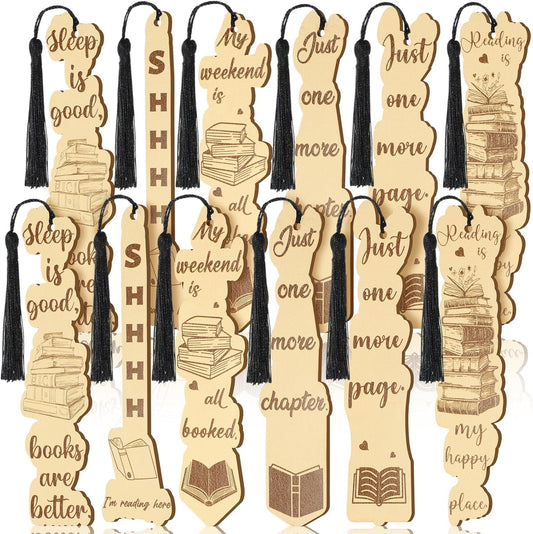 Colarr 12 Pcs Wood Bookmarks for Woman Book Club Gift for Book Worms Books Lovers Bookmarks Bulk with Tassels for Reading Party Favors Books Exchange Club Men & Women Friends(Retro)