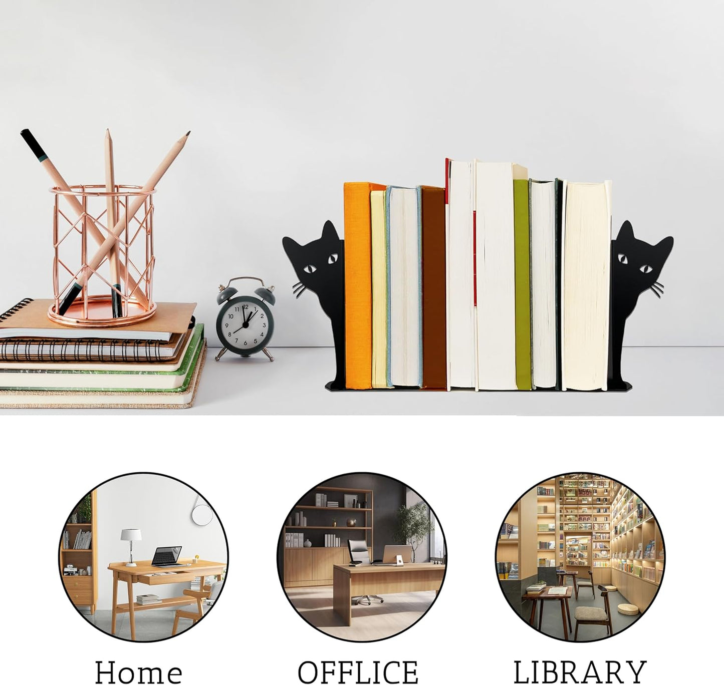 Peeping Cat Metal Bookends Cute Cat Book Ends for Shelves Bookshelf Decorative Objects Home Office Desk Bookshelf Decor Cat Lover Gifts for Women (Black)