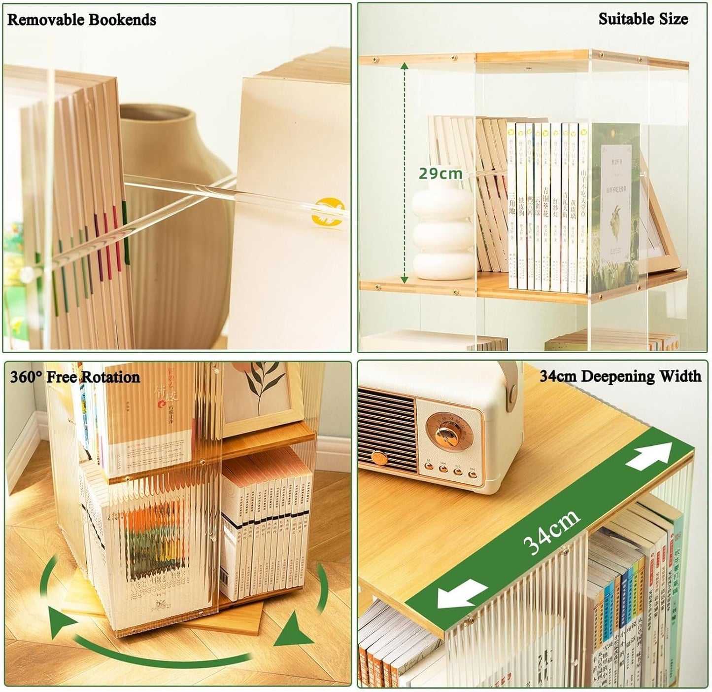 360° Rotating Bookcase - Clear Acrylic & Bamboo Freestanding Storage Shelf, Four-Tier Design for Bedroom, Living Room & Study, Stylish Striped Floor Stand Organizer