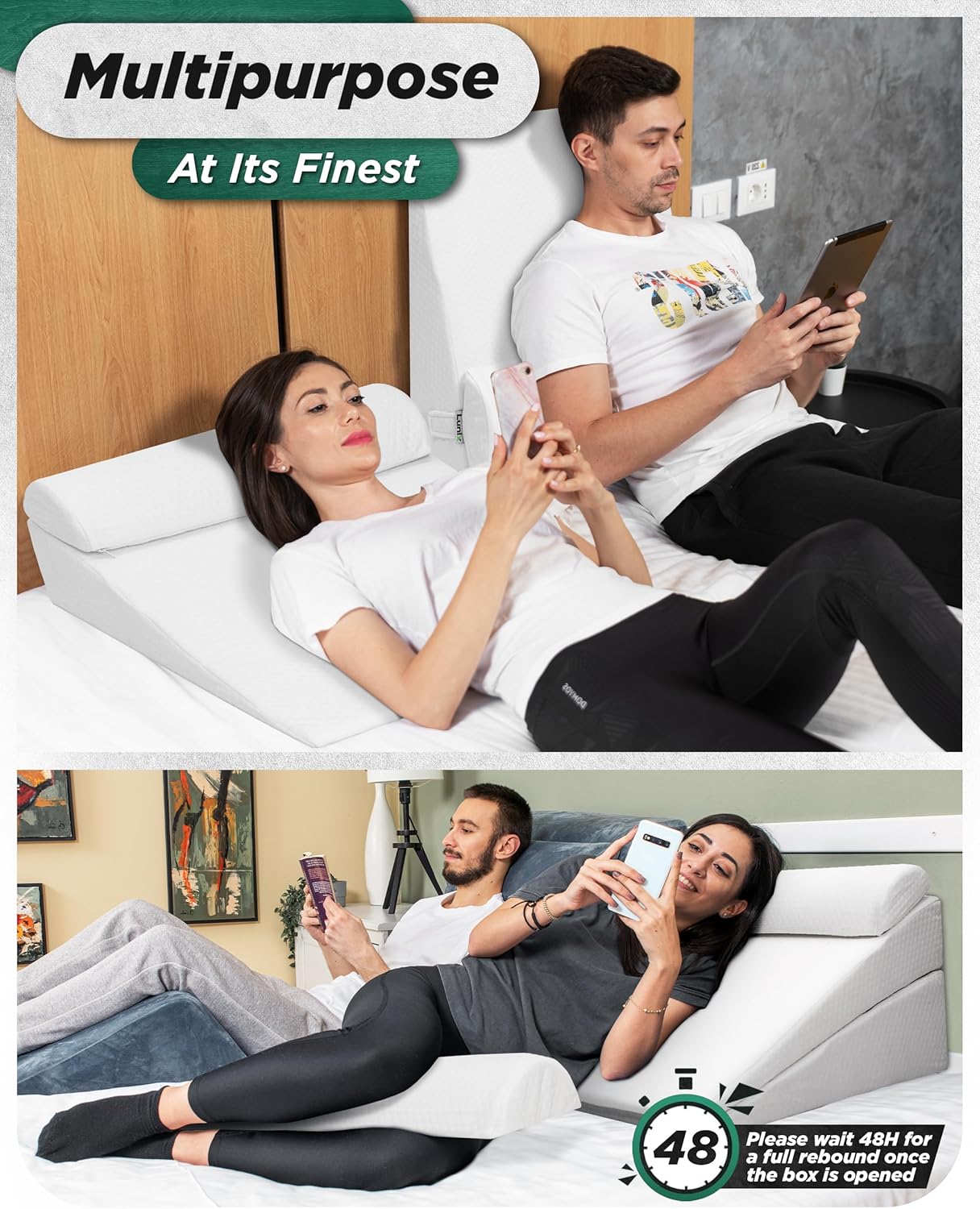 Lunix LX8 FSA 4-Piece Support for Nighttime Digestive Discomfort & Easier Breathing, Adjustable Height Orthopedic Bed Wedge Pillow Set, Memory Foam, Washable Cover, Pebble White
