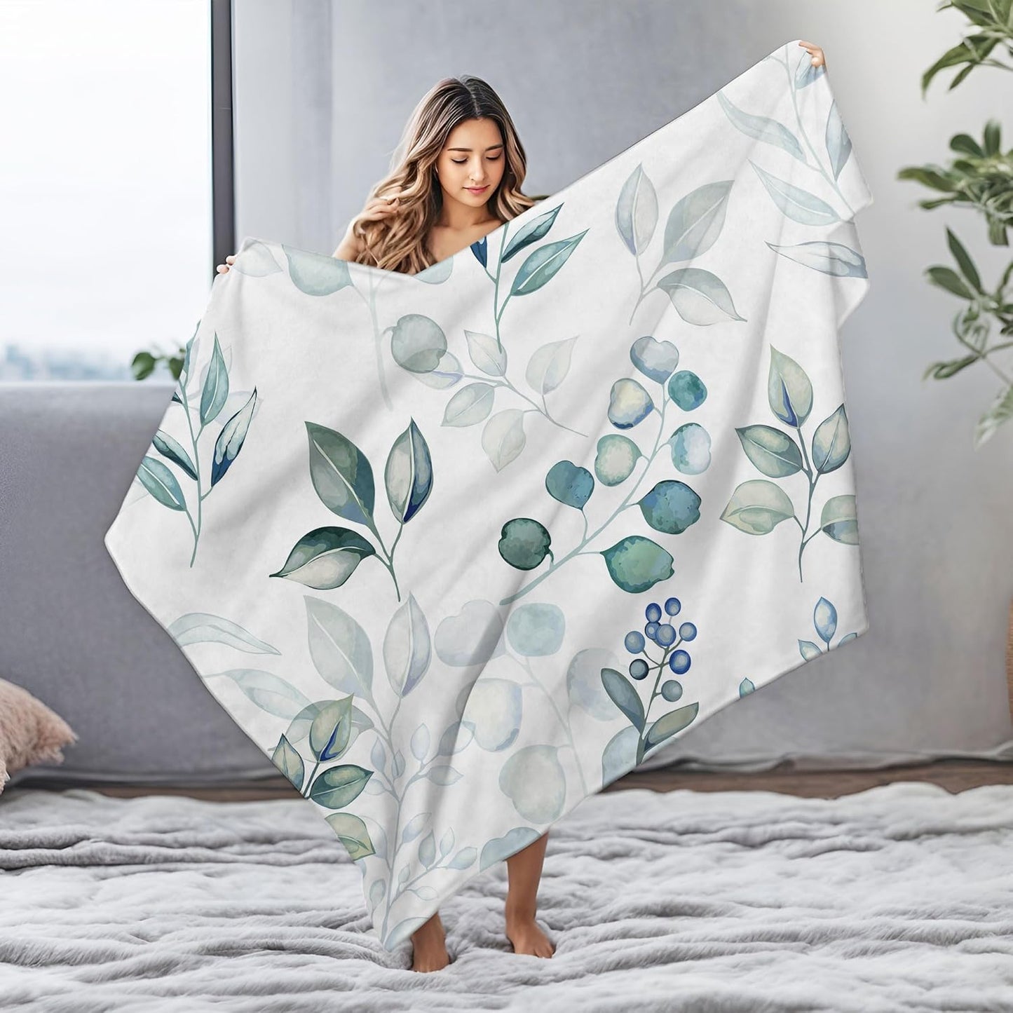 Sage Green Throw Blanket, Spring Throw Blanket for Couch Bed, Eucalyptus Leaves Floral Fleece Blanket, Camping Throw Blanket, Lightweight Soft Warm Cozy Blanket Plush Travel Throws Blankets,50"x60"