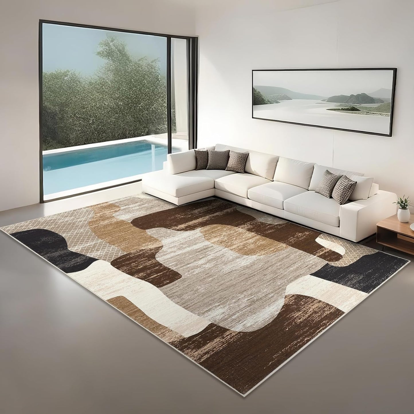 Modern Abstract Rug for Living Room 9x12 Large Low Pile Washable Rugs with Non-Slip Backing, Stain-Resistant Contemporary Indoor Carpet, Neutral Rugs Print Floor Mats for Bedroom Nursery, Brown