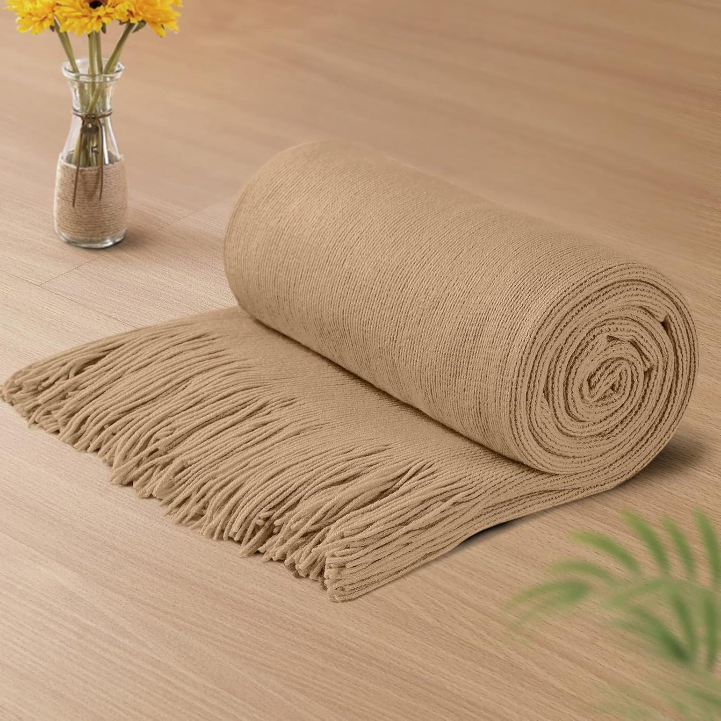 Vonty Light Brown Knitted Blanket with Tassels Fringe 60" x 80", Super Soft Knit Throw Blanket, Farmhouse Decorative Lightweight Blanket for Couch, Sofa, Bed
