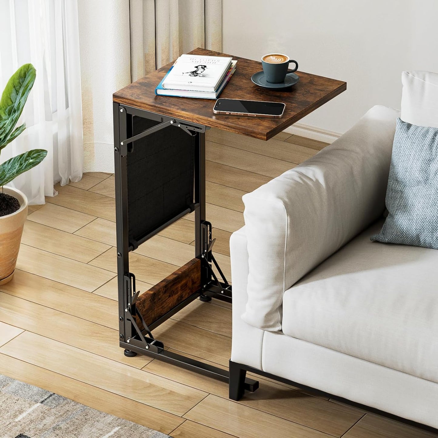 Folding TV Tray Table, Small Folding Side Table with Storage Bag, Portable C Shaped End Stand for Couch Sofa Bed, Rustic Brown