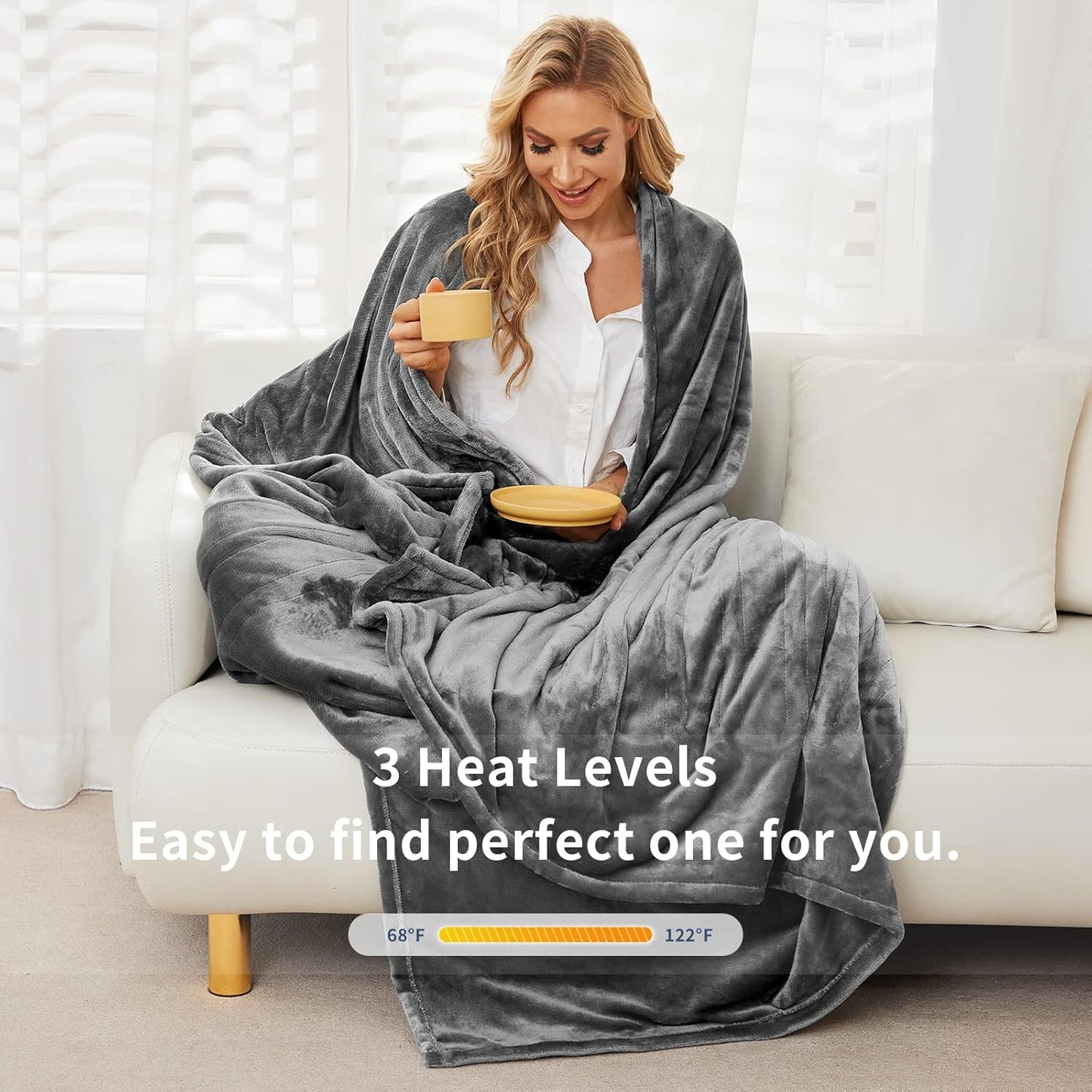 Vagueior Electric Heated Blanket Full Size 50'' x 60'',Extra-Warm Lightweight Cozy Luxury ElectricBlanket Machine Washable with 3 Heating Levels Auto-Off Machine Washable,ETL Certification - Grey