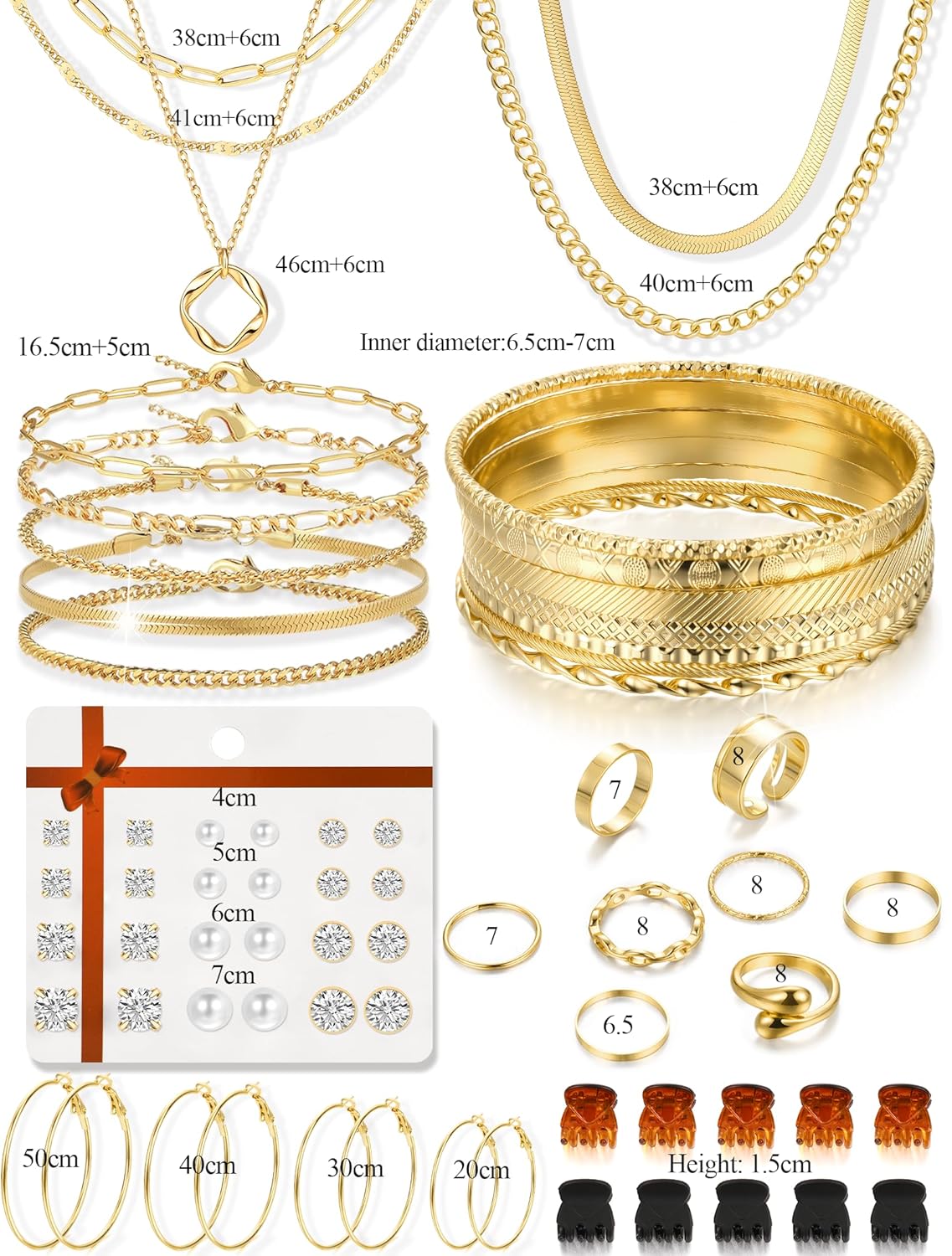 YEEZII 56 Pcs Gold Jewelry Set for Women with 5Pcs Layered Necklace, 5Pcs Layered Necklace, 12 Bracelets, 4 Hoop Earrings, 8 Stackable Rings, 10 hairpins, 12 Studs Earrings Jewerly set for Women