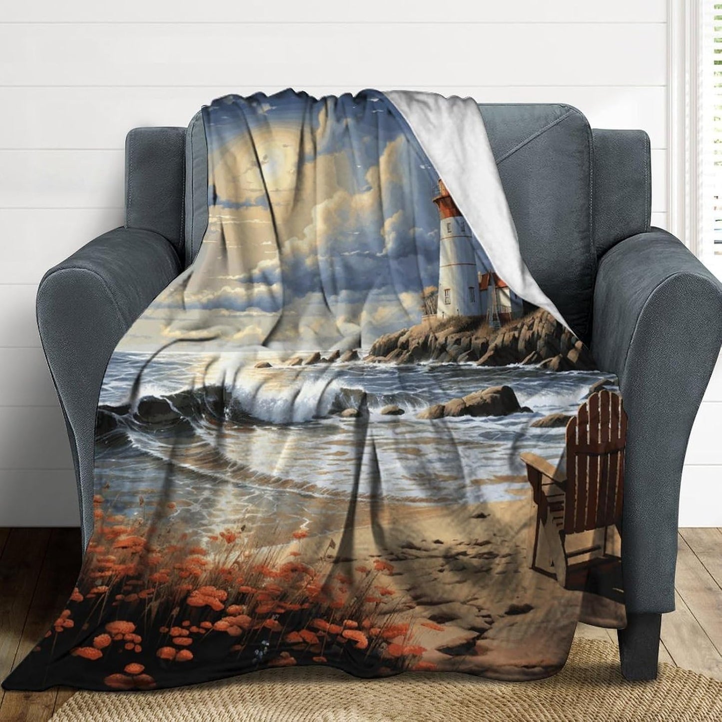 Sea Lighthouse Sandbeach Blanket Super Soft Lightweight Throw Blanket Cute Cozy Warm Bed Blanket Decorative Fuzzy Blanket All-Season Home Decor Gift for Sofa Couch Living Room 50"*60"（130 * 150cm）