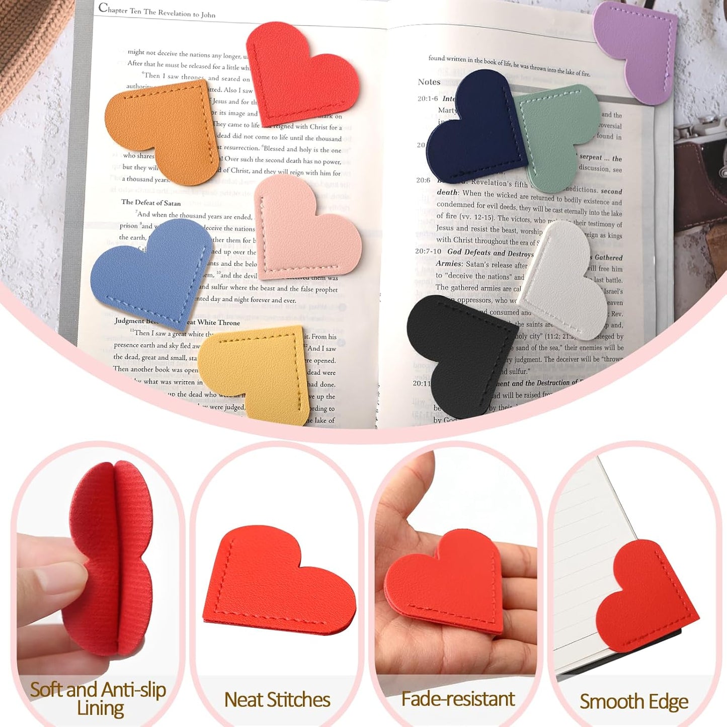 10 Pcs Leather Heart Bookmarks for Reading Women, Cute Corner Page Bookmarks for Book Lovers Teachers Students, School Office Home Supplies, Book Accessories Gifts for Women Book Lovers (Heart-10pcs)