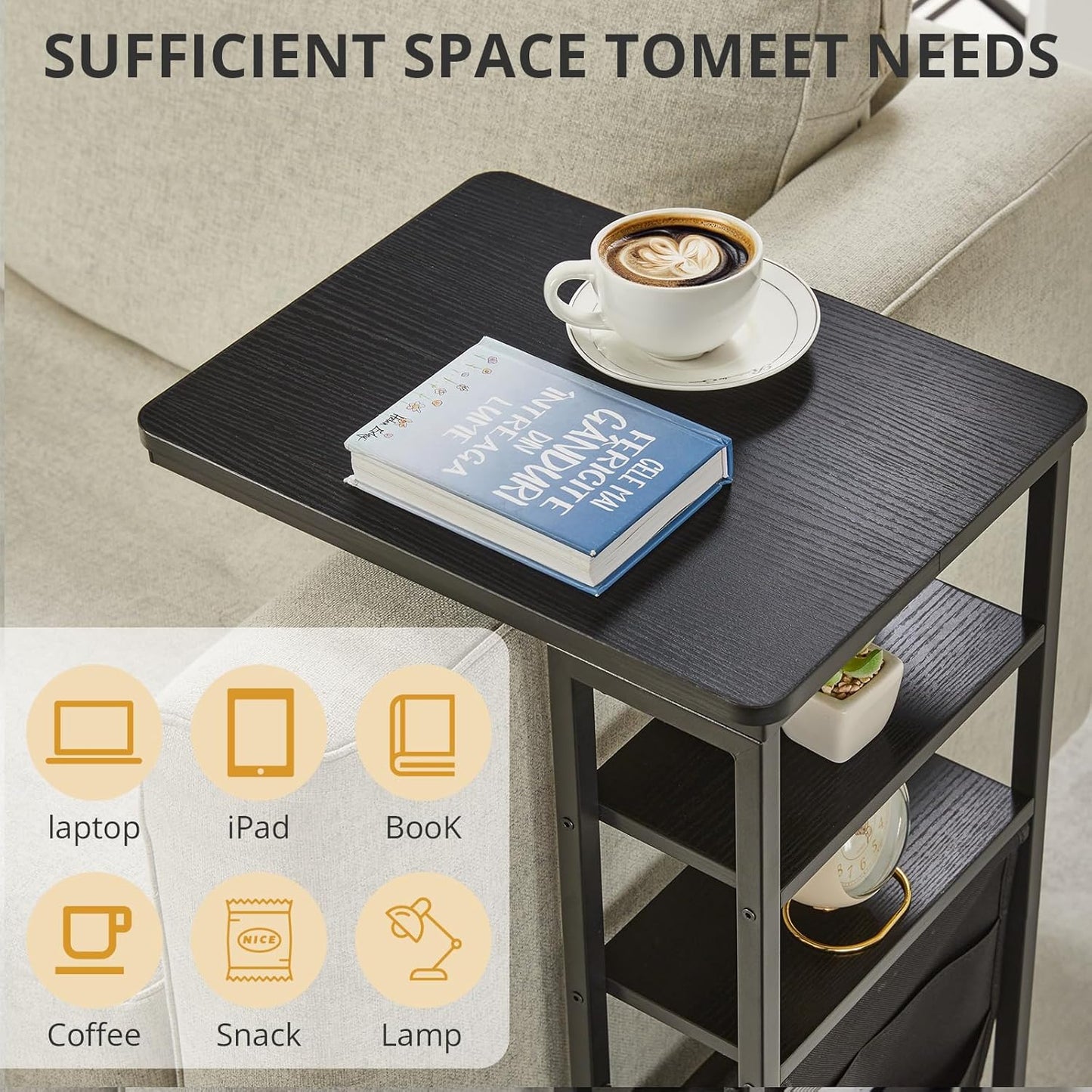 C Shaped End Table 28"(H) 3-Tier C Table with Storage Bag, Under Couch Table C-Shaped End Table with Storage Shelves and Bag for Living Room, Bedroom, or Office