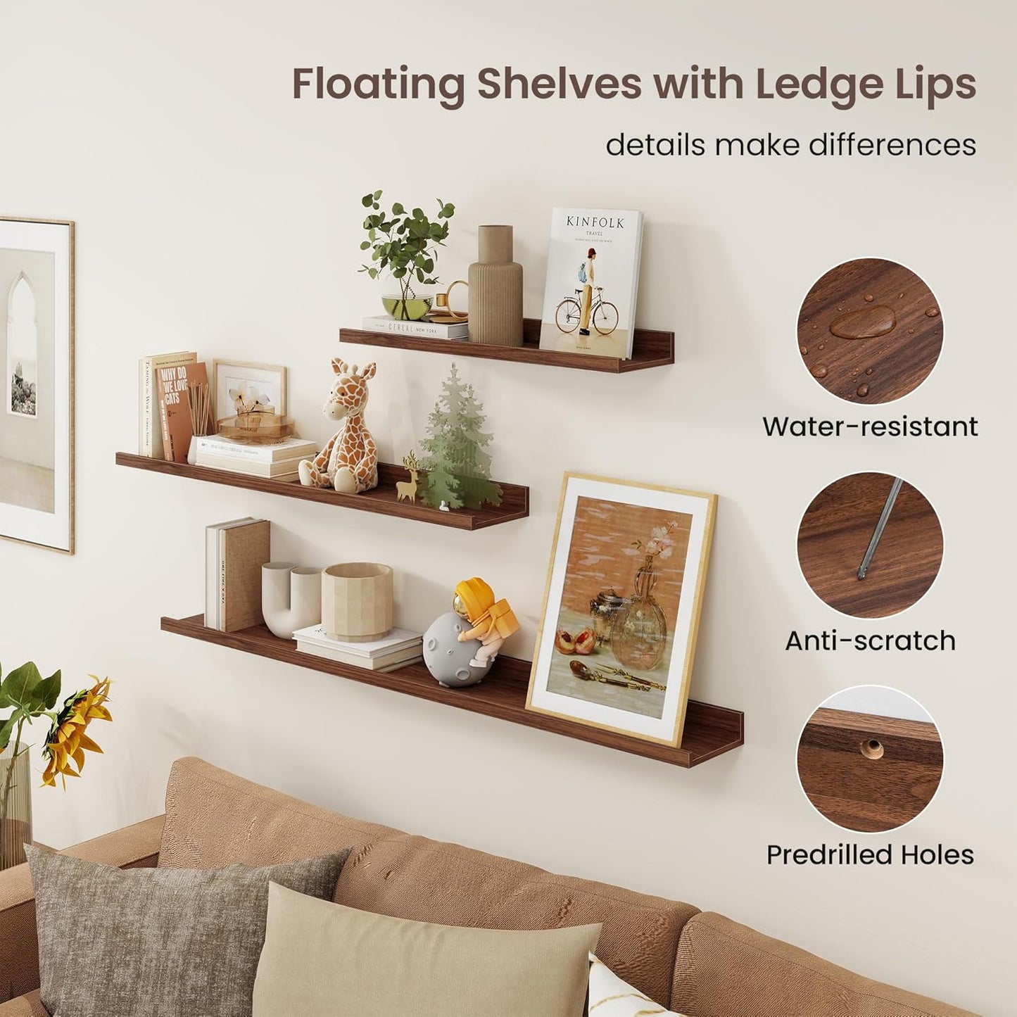 Axeman 48 Inch Floating Shelves | Walnut Picture Ledge Shelf Set of 3 | Rustic Wood Wall Shelves with Lip | 48" Walnut Picture Shelf for Wall with Ledge | Photo Shelves