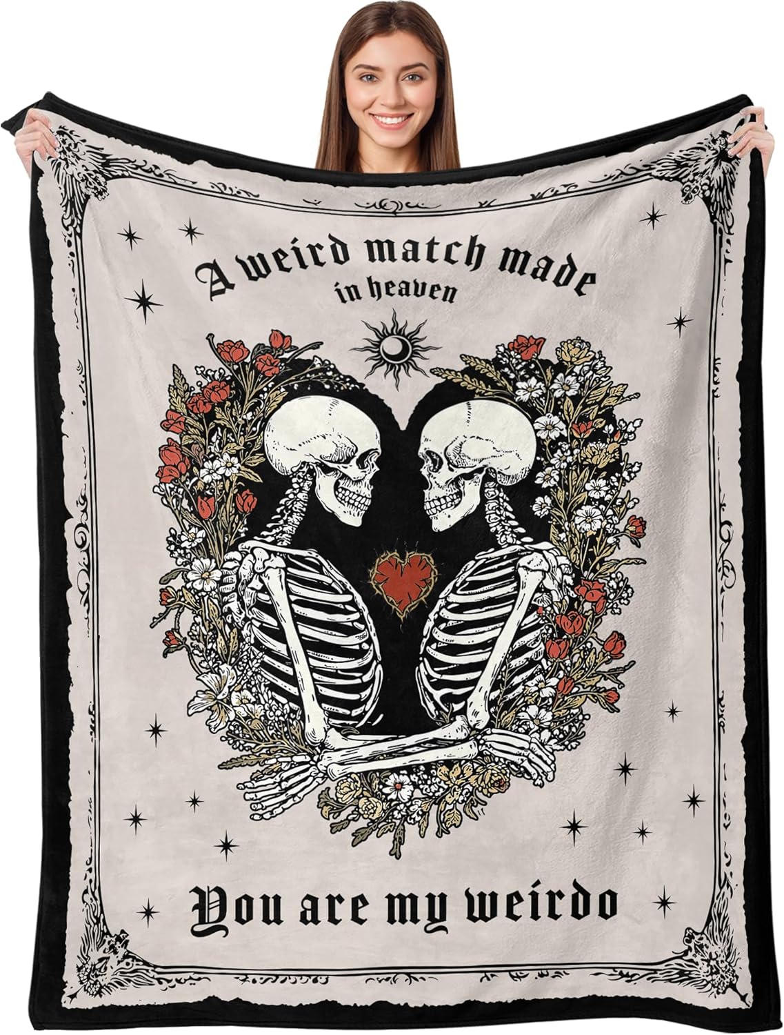 Skull Gothic Throw Blanket Soft Lightweight Cozy Flannel Skeleton Romantic Sun Star Rose Floral Blanket for Couch Bed Sofa, for Wedding Couples (50''×60'', Skeleton-2)