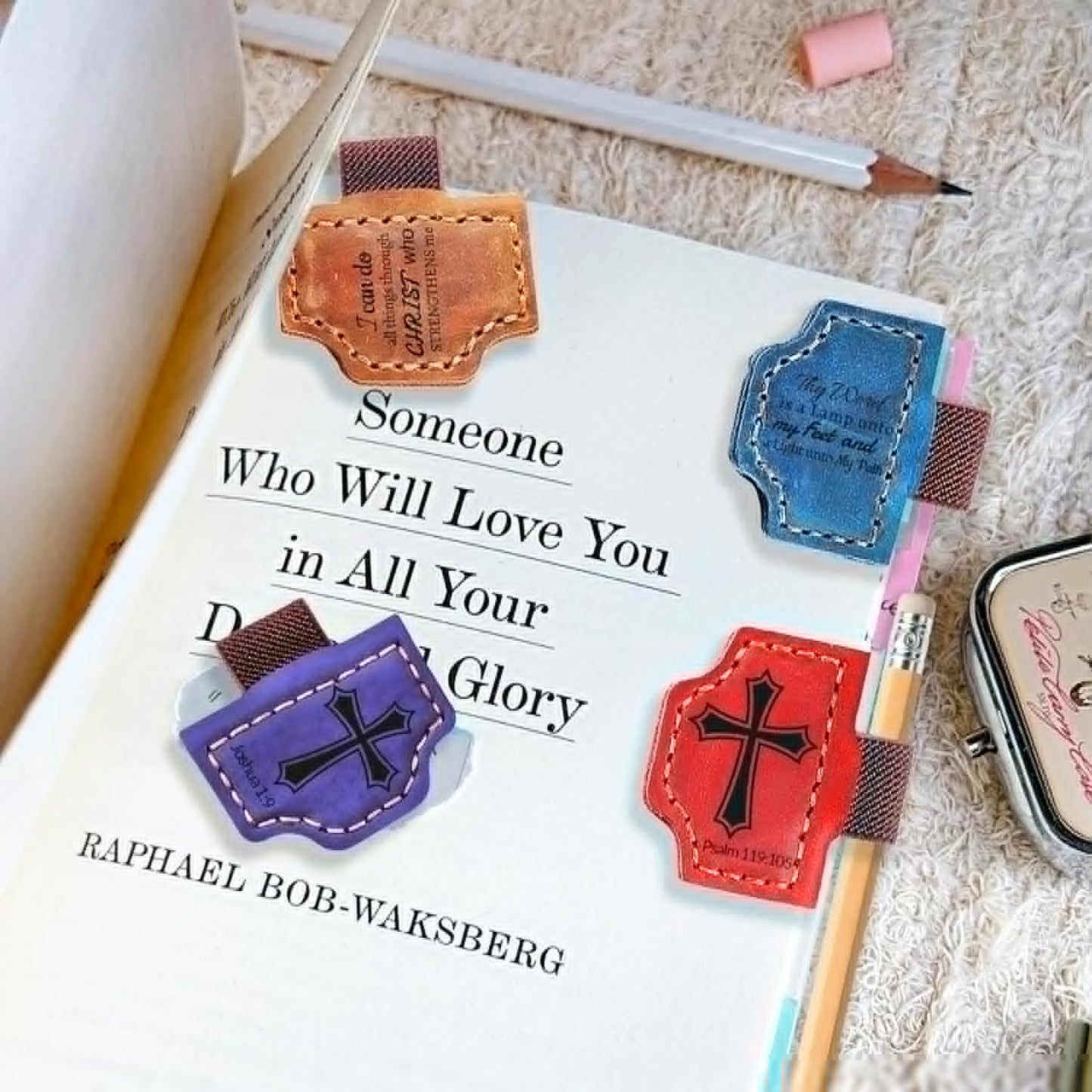 Personalized Magnetic Bookmark with Pen Holder, Bible Verse Scripture Design, Custom Leather Bookmark Bible Study Supplies for Women Men, Christian, Book Lovers Gifts (Brown, Psalm 119:105)