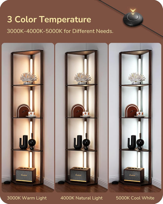 EDISHINE Dimmable LED Floor Lamp with Shelves, Corner Floor Lamps for Living Room, Corner Shelf with LED Light, 3CCT, Modern Standing Lamp, Floor Lamp for Bedroom, Office, Walnut