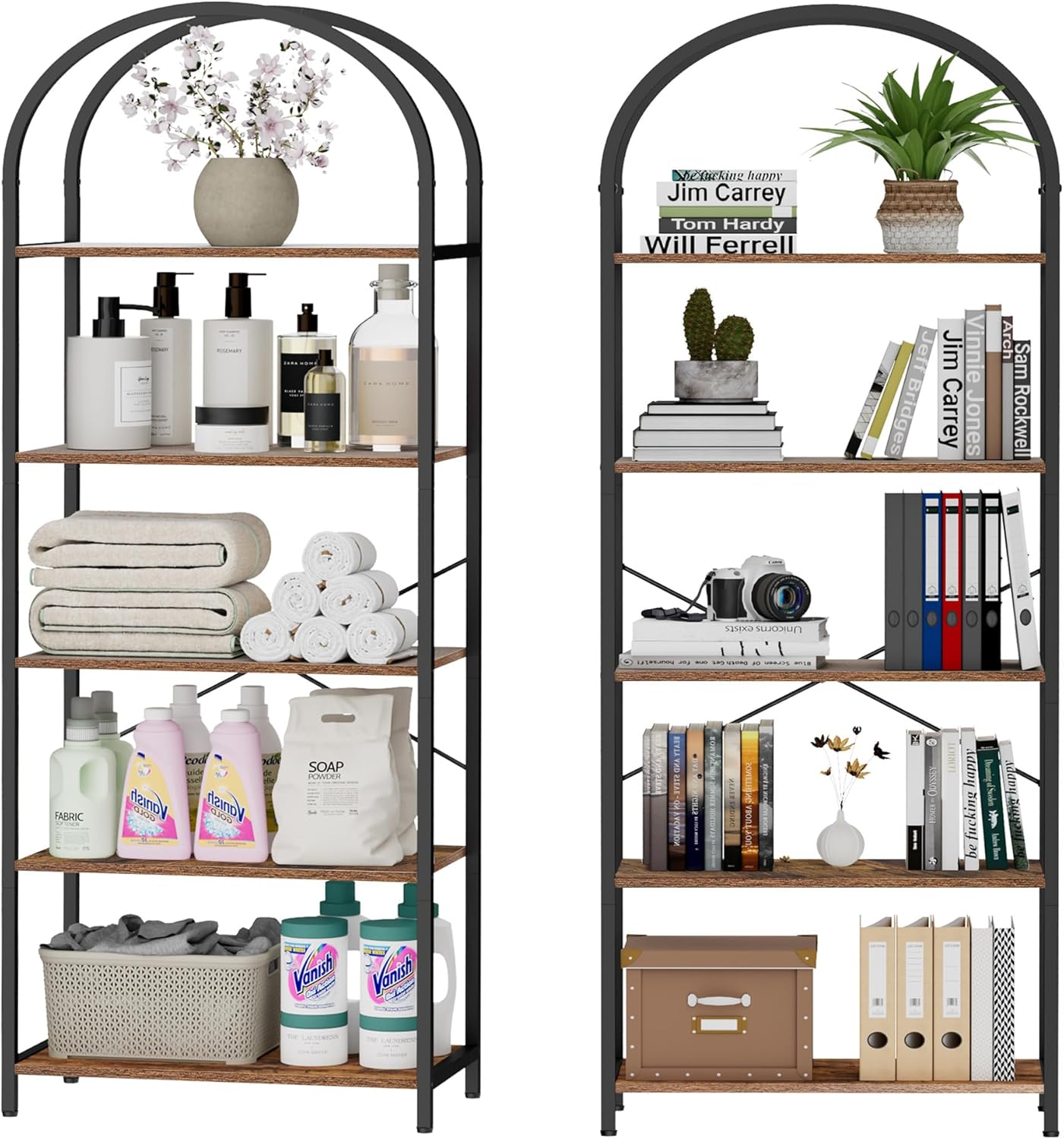 Homhedy 5-Tier Bookshelf Arched Display Racks, Wood and Metal Bookcase, Tall Bookshelf, Industrial Display Standing Shelf Unit, for Home Office, Living Room, Bedroom, Bathroom, Rustic Brown