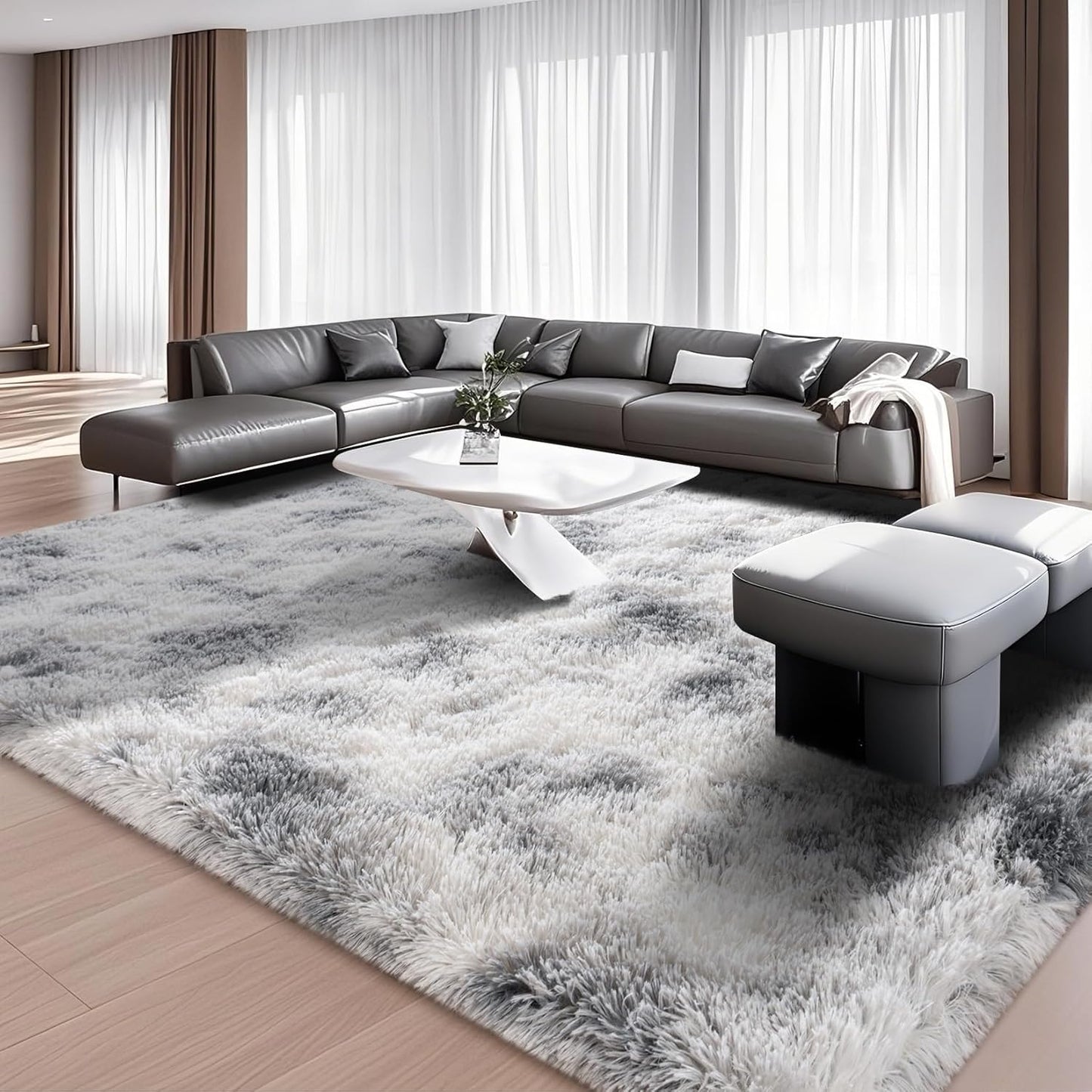 8x10 Tie-Dyed White & Grey Machine Washable Large Area Rugs for Living Room, Bedroom, Fluffy Shag Fuzzy Plush Soft Carpets, Fluffy Rugs for Kids,Nursery, Decor Aesthetic