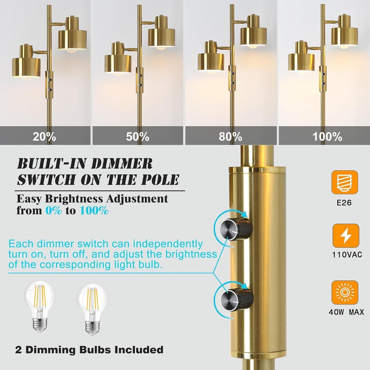 Dimming Floor Lamp with 2 Adjustable Head,Tall Modern Industrial Vintage Standing Lamps for Living Room, Bedroom, Office,Study,Gold Corner Light for Reading