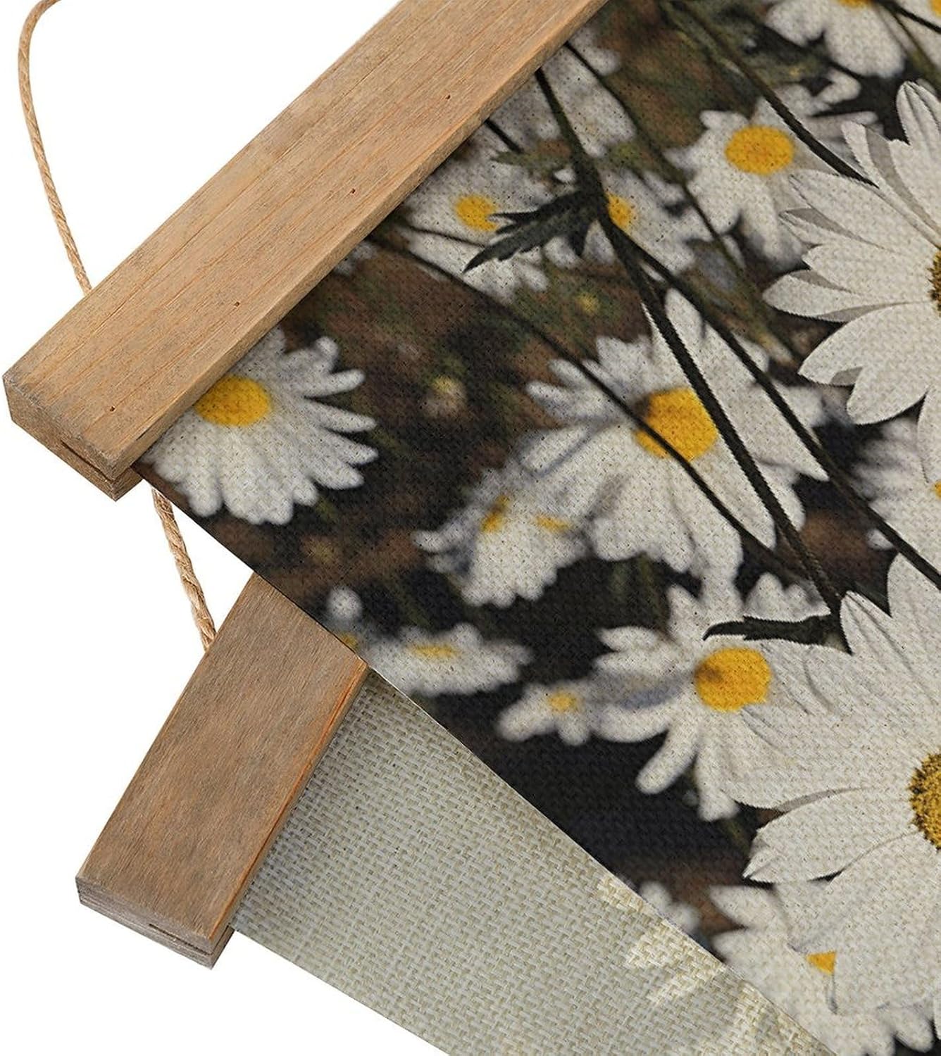 Vintage White Daisy Poster with Wooden Frame Personalized Linen Hanging Scroll Painting Rustic Wall Hanging Illustrative Modern Artwork Decor for Home Living Room Bedroom Office