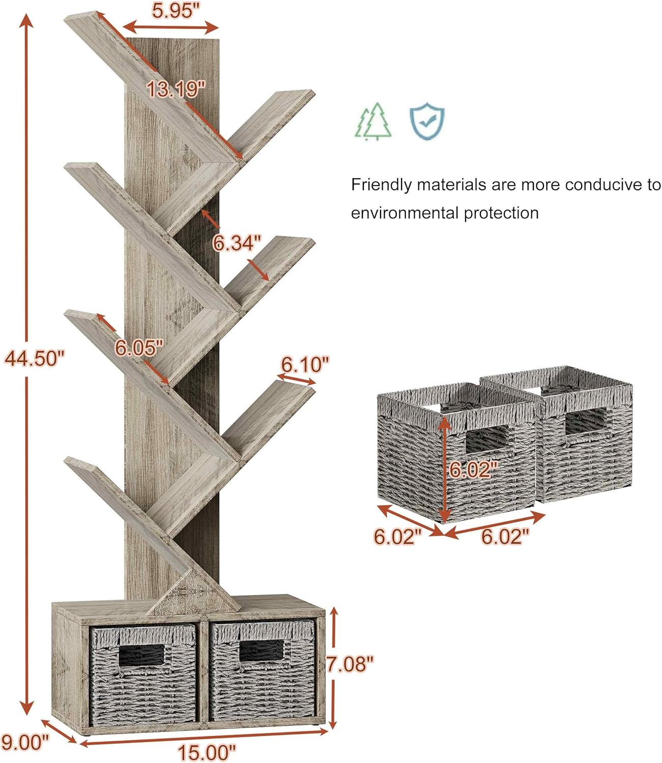 Vagusicc 6 Tier Tree Bookshelf with 2 Storage Cabinets, Tall Display Shelf Organizer for Books, Magazines, Home Decor, Narrow Wooden Floor Standing Bookcase for Living Room, Home Office, Grey