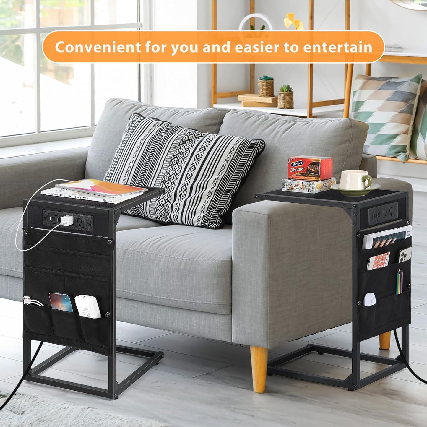 C Shaped End Table Set of 2, TV Tray with Charging Station, USB Ports and Outlets, Slide Under Couch, Storage Bag, for Small Spaces, Black