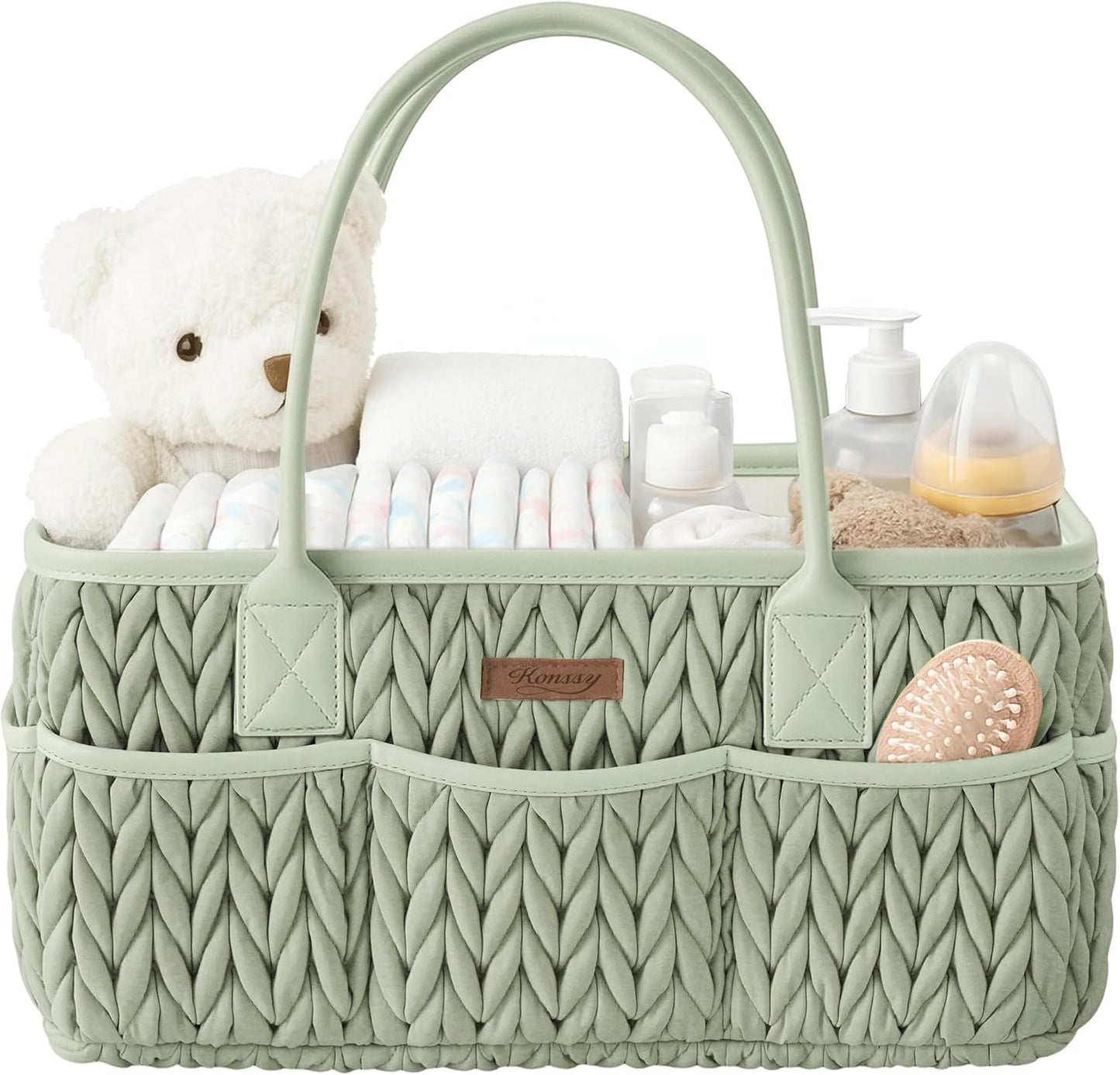 Konssy Braided Quilted Diaper Caddy Organizer, Boho Nursery Storage Basket with PU Leather Handles, Water-Repellent Portable Diaper Basket for Changing Table, Newborn Essentials (Fog Green)