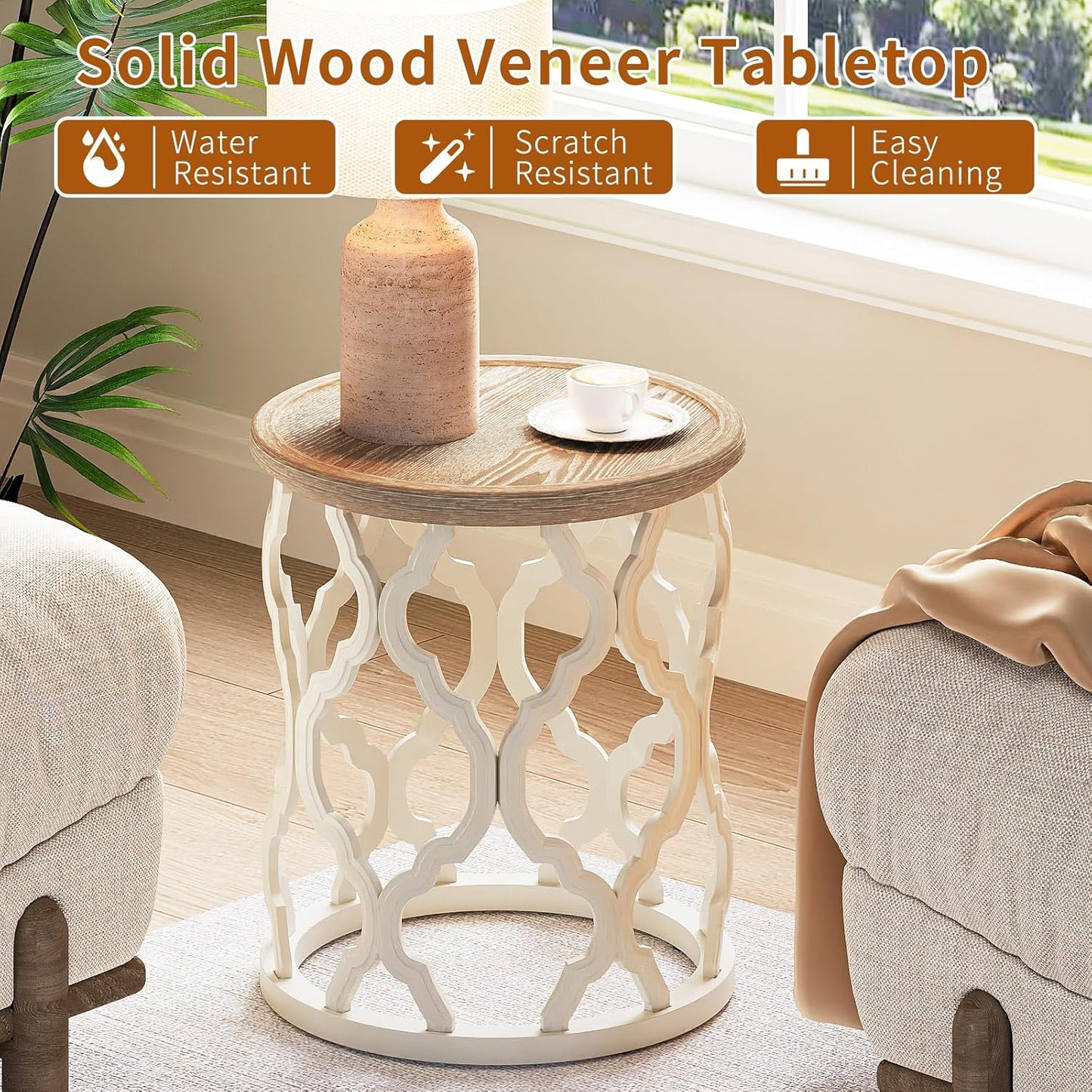 karlott Farmhouse End Table, 18.5'' French Country Round Side Table, Distressed Tray Top Side Table with Curved Motif Frame Base for Boho, End Tables Living Room, Bedroom, Small Space, Easy Assembly