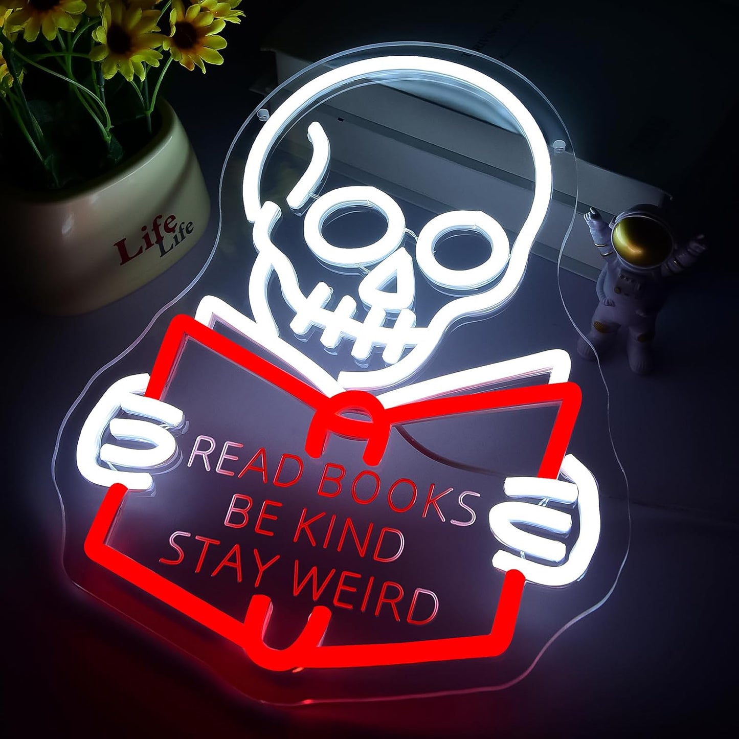 Read Books Be Kind Stay Weird Neon Sign for Wall Decor Dimmable Skull Read Books Neon Light for Bedroom Classroom Study Room Reading Room Bookstore Decor Birthday Gifts Size 13.7 * 10.3In(TWP237)