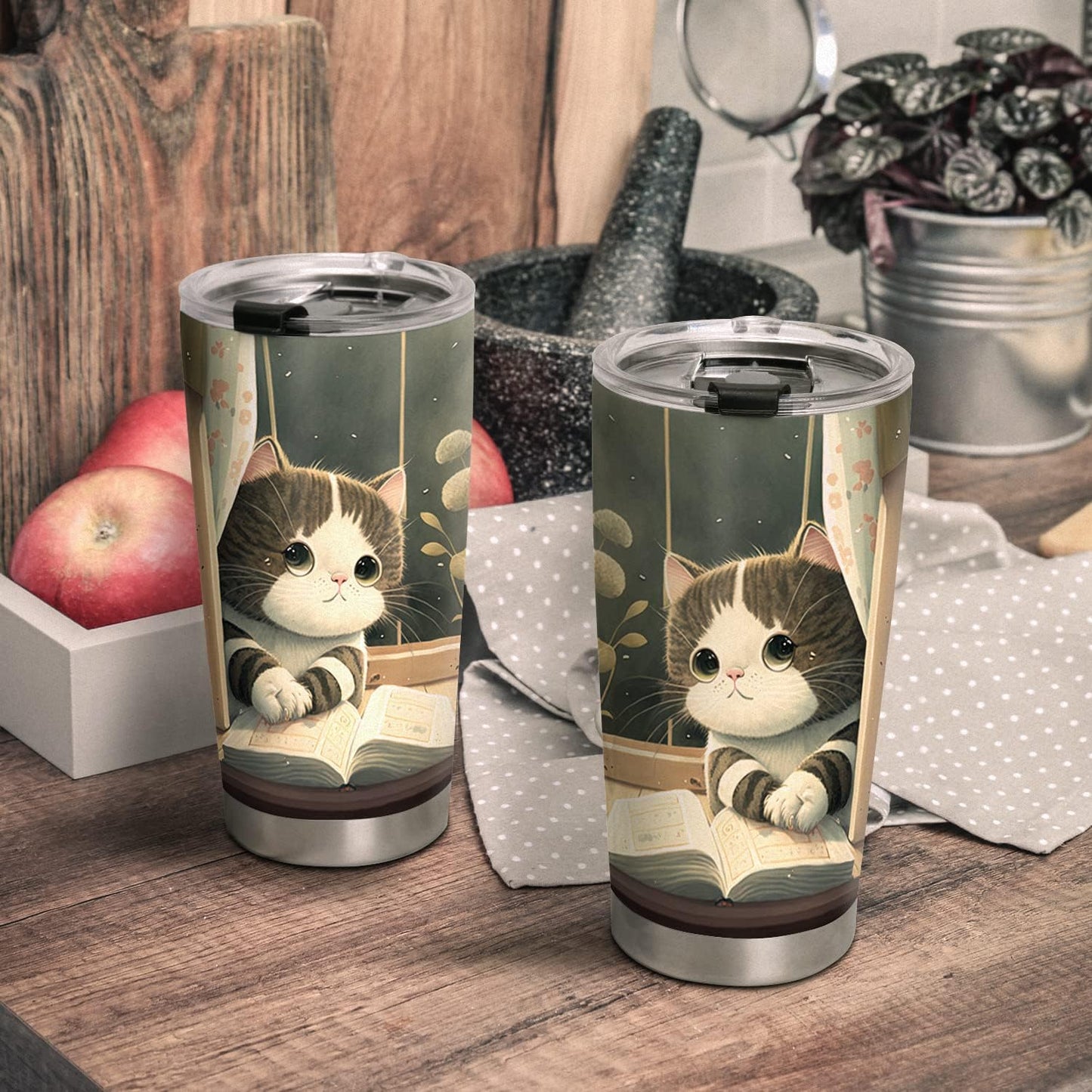 20oz Cute Kitten Books Cat Tumbler, Gifts for Cat Lovers, Librarian, Reading Gifts, Café Tumbler for Women, Stainless Steel Double Wall Vacuum Insulated Coffee Mug, Travel Cup with Lid