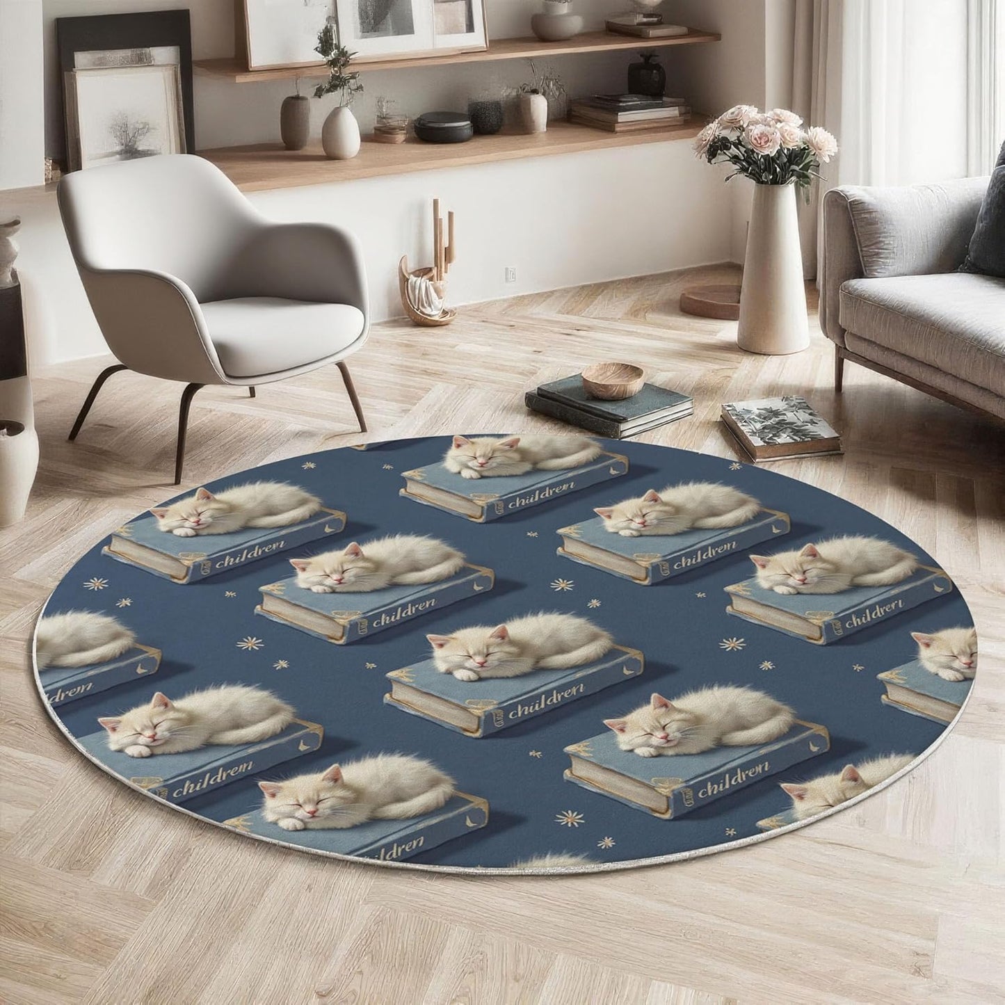 Washable Cute Cat Books Area Rug, 6Ft Round Rugs for Living Room Soft Carpet for Bedroom Animals Starry Sky Indoor Stain Resistant Non-Shedding Floor Carpet, Navy Blue, 6Ft-Round