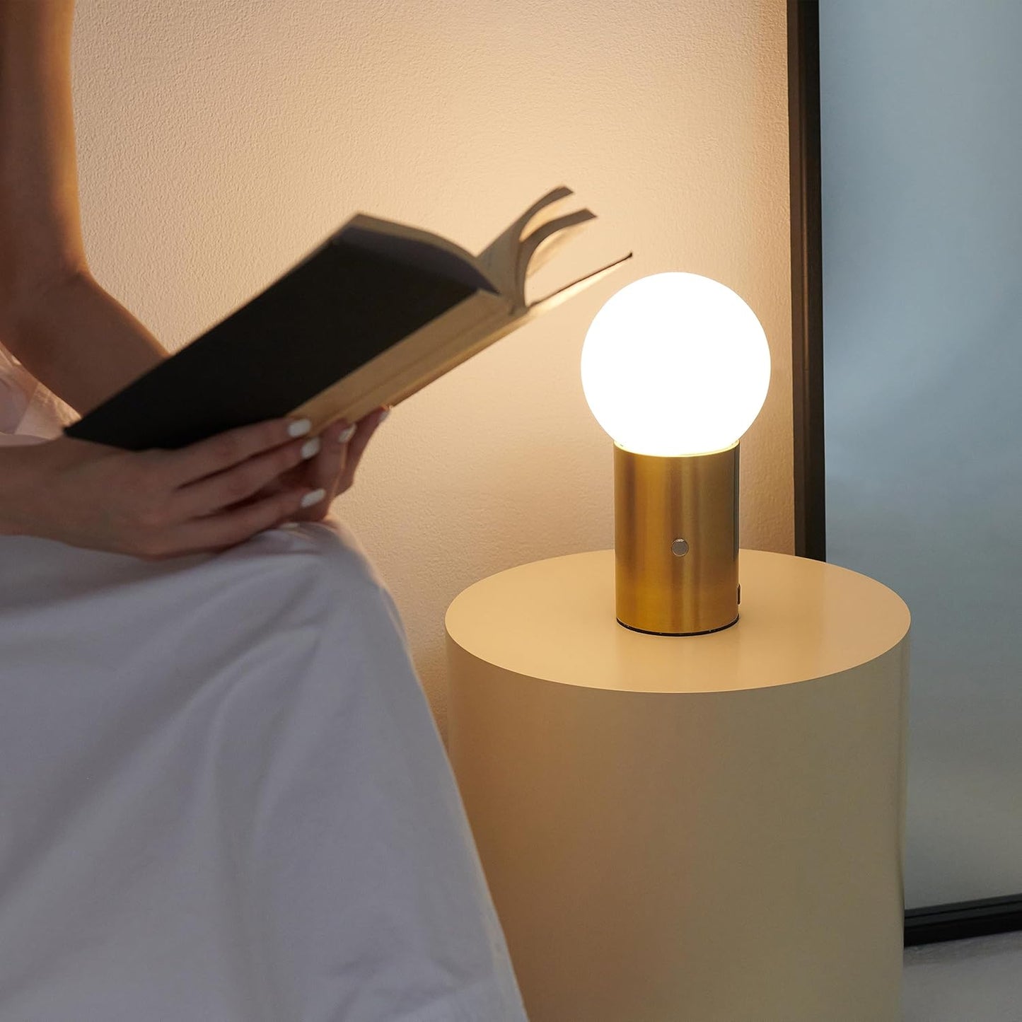 Brightech Kai LED Table Lamp with USB Port - Small Bedside Reading Modern Desk Lamp, Nightstand Light with Ambient Lighting for Bedroom, Living Room, Office - Modern Globe Lamp Shade, Brass Finish