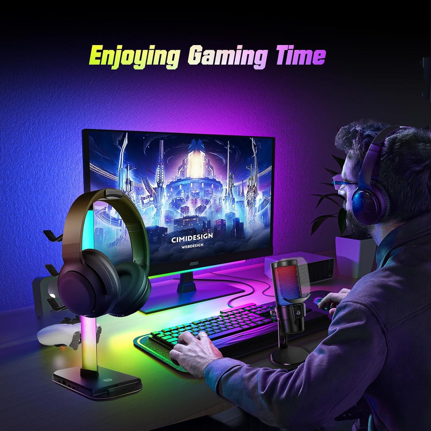 VCOM RGB Gaming Headphones Stand with 10 Light Modes, 4 Controller Holder with 1 USB & 2 Type-C Charging Ports,Headset Stand Suitable for All Earphone Accessories, Best Gift for Desk Gamers