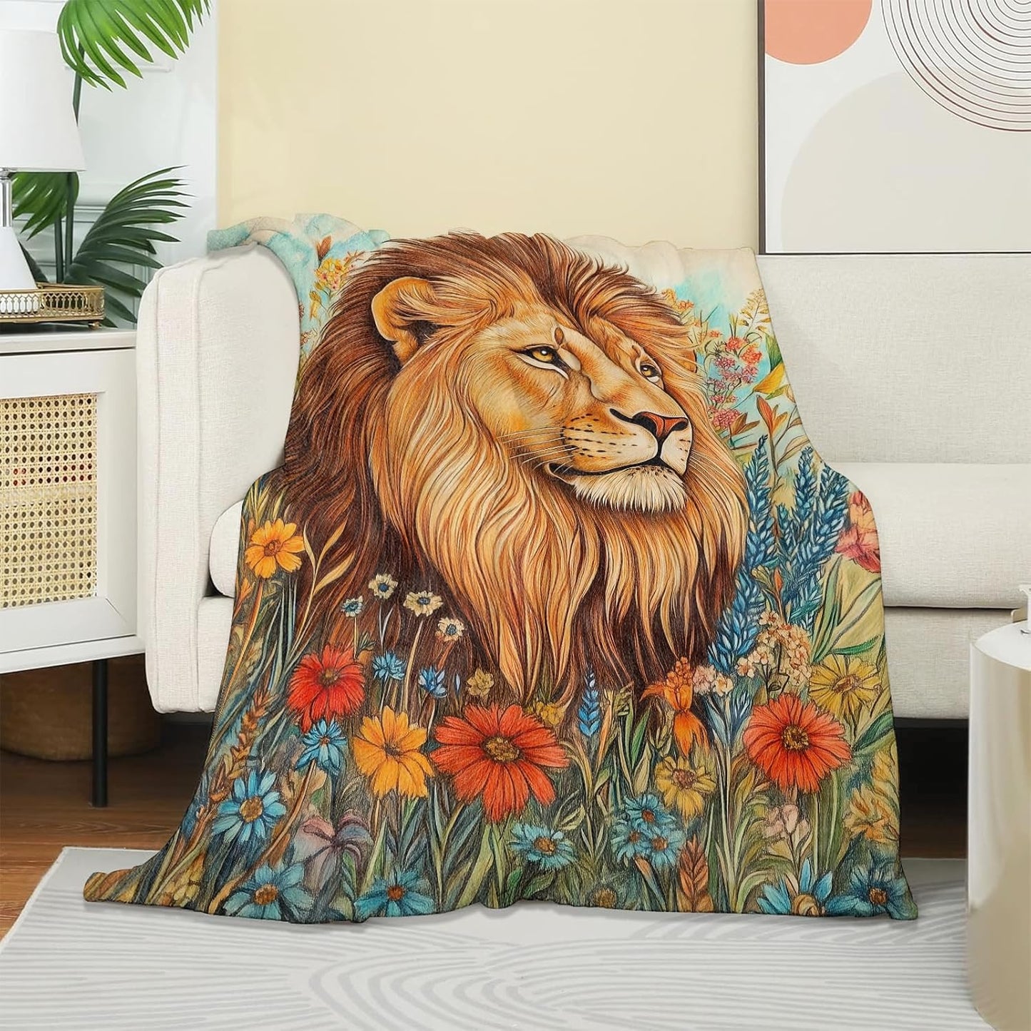 Regal Lion Blanket, Soft Warm Cozy Majestic Lion & Wildflower Throw Blanket Gifts for Adults Kids Women, Lightweight Fuzzy Comfy Flannel Blankets for Couch, Travel, Bed, House Decor 60×50 Inch