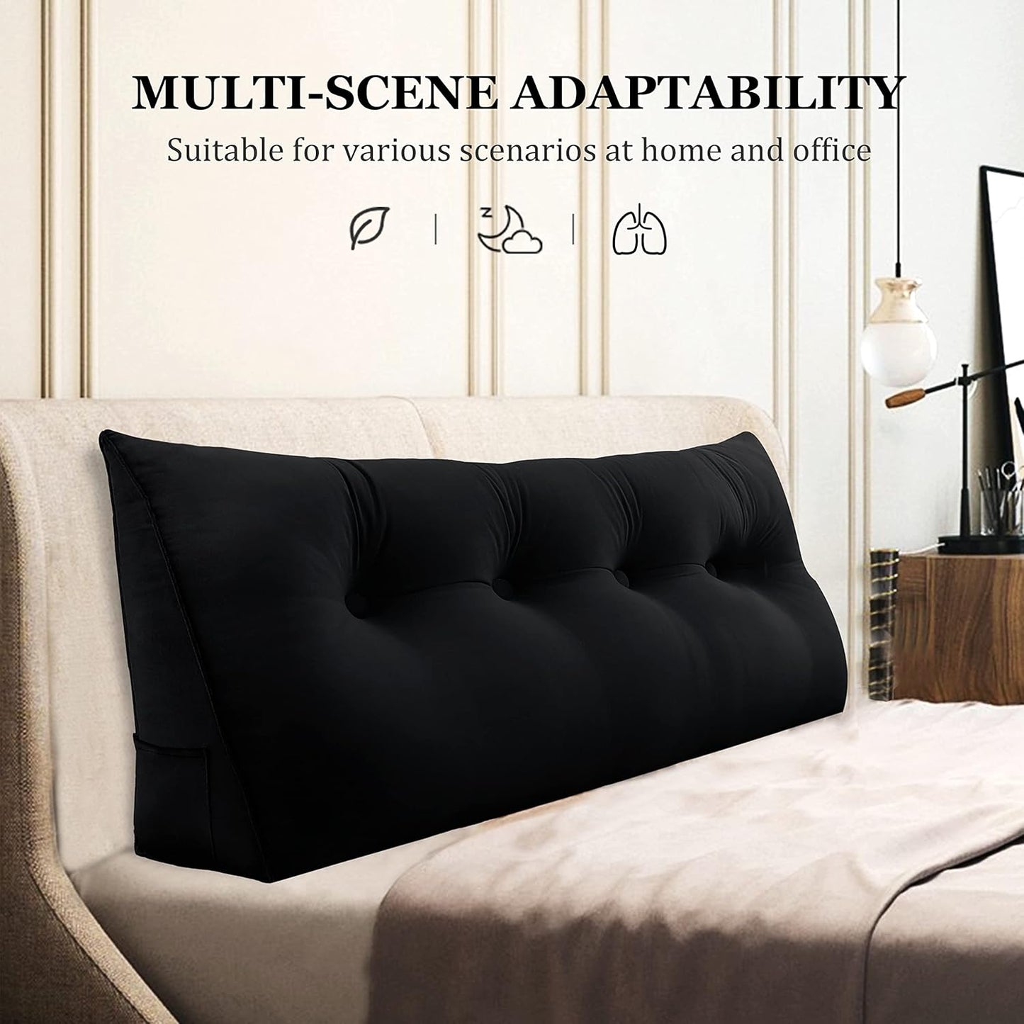 10 lbs Thickened Wedge Pillow Headboard Body Positioner Bed Wedge Pillow Backrest Support Triangular Headboard Cushion with Side Pocket Gift for Mom Velvet Positioning Support Black Full