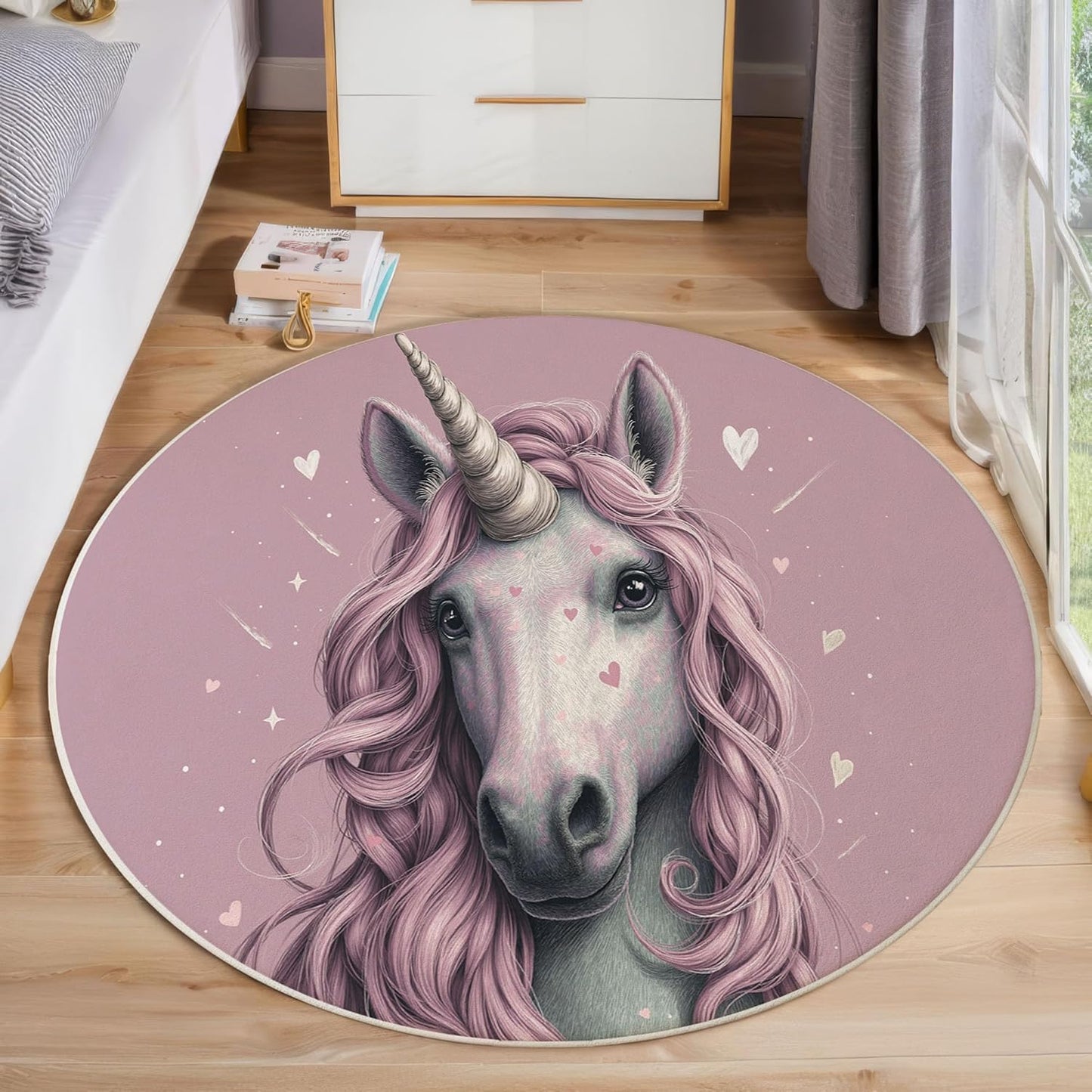 Cute Heart Unicorn Round Rugs 4Ft, Animal Poster Round Living Room Area Rug, Washable Large Soft Circle Rug for Bedroom, Non Slip Ultra Thin Floor Carpet for Dining Room, Pink