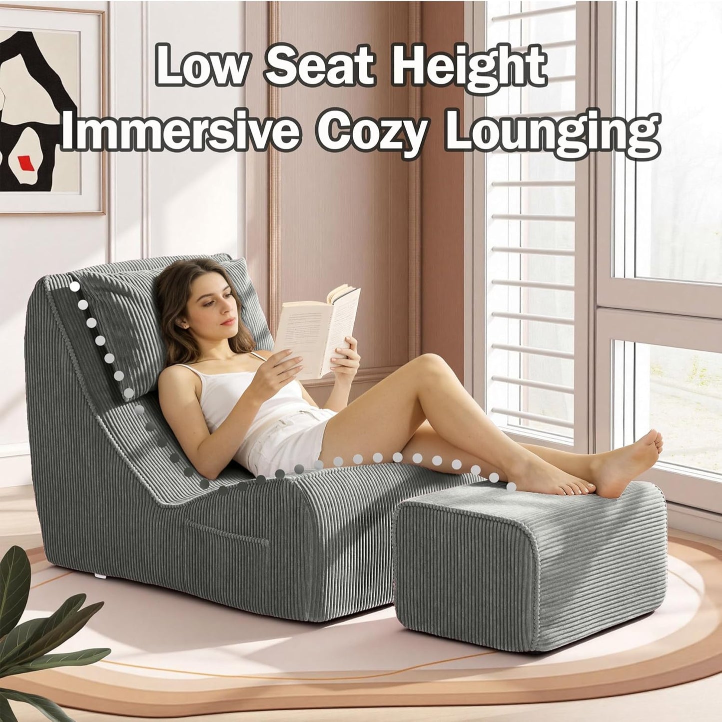 Trenda Chaise Longue Chair with Ottoman, Boneless Accent Recliner Chair with Washable Cover, Adjustable Neck Pillow, Comfy Floor Chair for Living Room, Bedroom, Small Space.