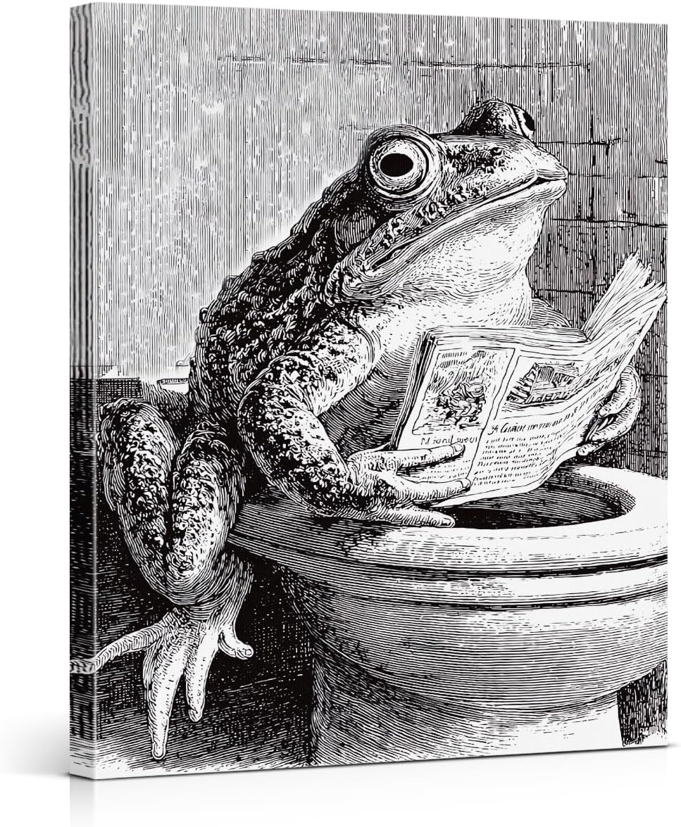 Funny Retro Toad Bathroom Wall Art Toad Reading Newspaper on Toilet Canvas Print Poster Funny Animal Bathroom Wall Decor 11x15 Inch Framed