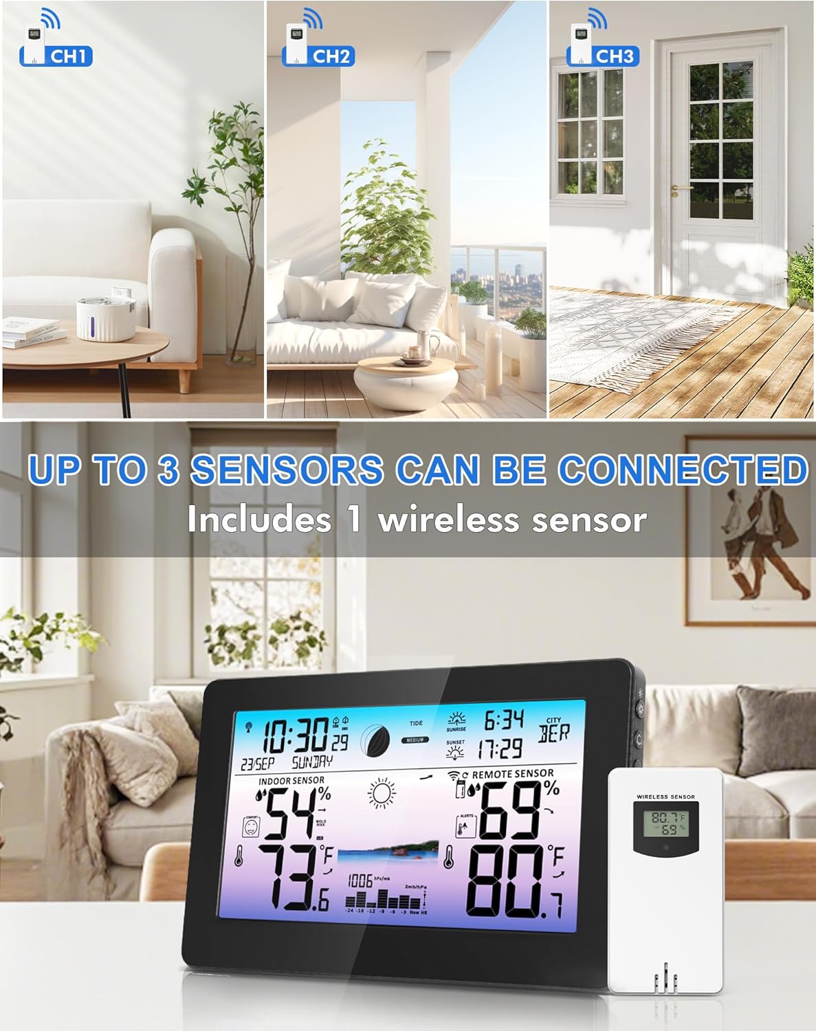 Weather Station Wireless Indoor Outdoor, Digital Thermometer for Home, Large Color HD Display with Remote Sensor, Weather Forecast, Atomic Clock, Moon Phase