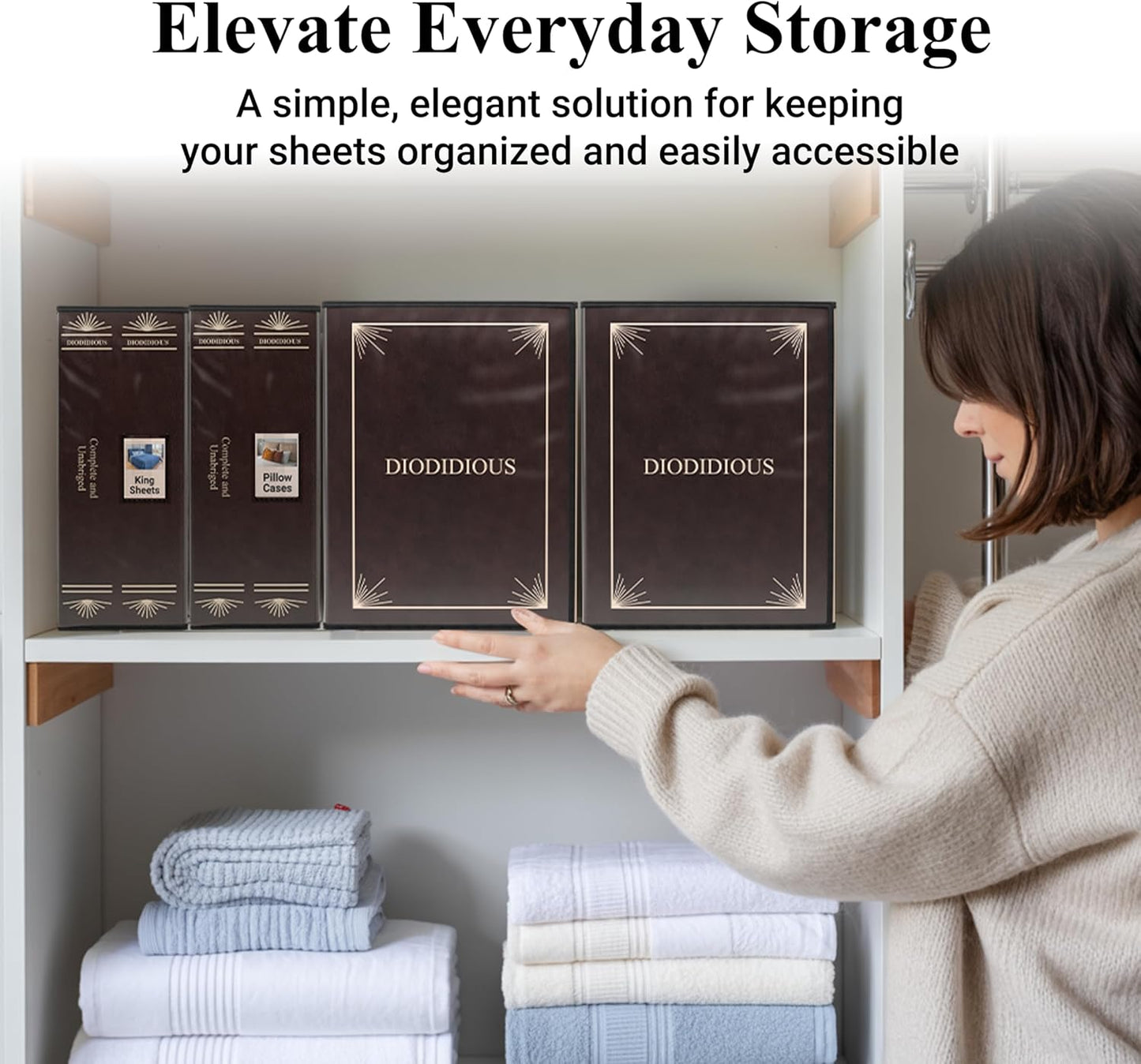 Bedsheet Organizer for Linen Closet, Foldable Faux Leather Book-Style Storage Box with Label Window, Decorative Bedding and Sheet Organizer for Queen & King Sets, Brown