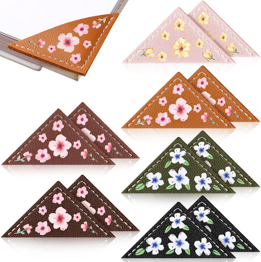 12 Leather Corner Bookmark Book Club Gifts for Women Accessories for Reading Books Lover Cute Book Reading Gifts Lovers Floral Print Triangle Bookmark(Flower)
