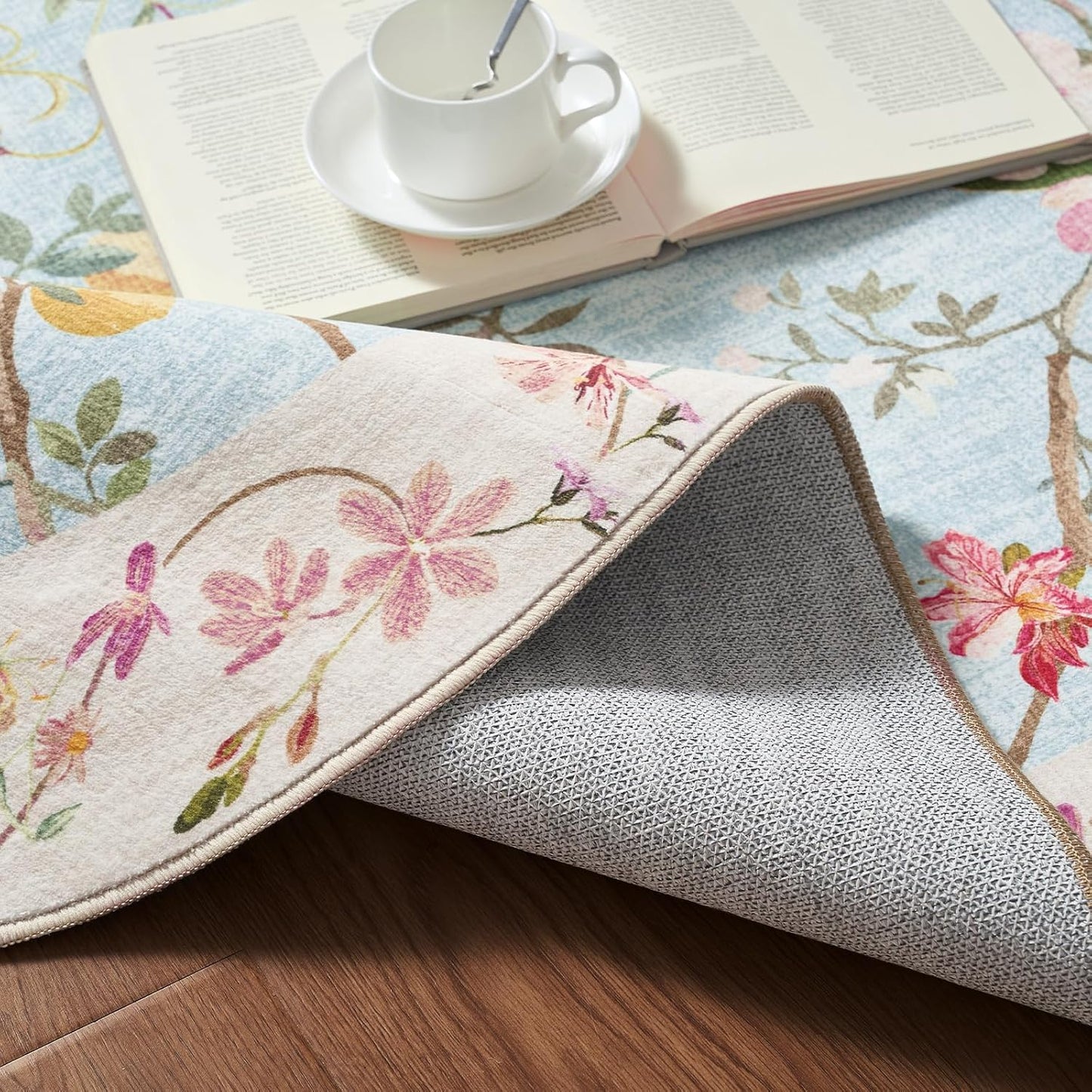 jinchan Floraison Floral Rug for 5FT Radius Corner Washable Sector Rug Oriental Flower Design Non Slip Quarter Circle Lightweight Low-Pile Throw Carpet for Bedroom Reading Nook Office Blue/Pink