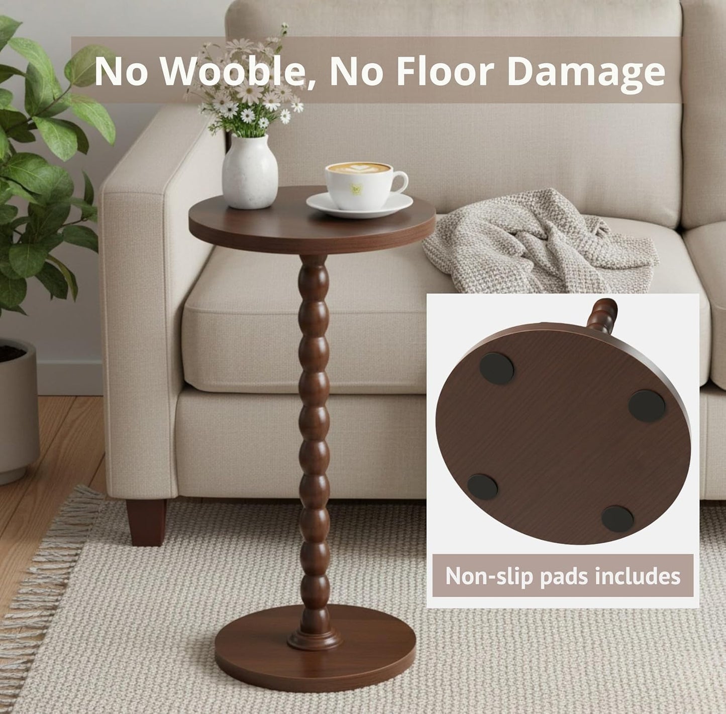 Round Wooden Small Side Table for the Living Room, Modern Pedestal Side Table for Small Spaces, Drinks, Corner, Accent Piece, and Compact Nighstand Bedroom, Tool-Free Assembly Easy, Walnut