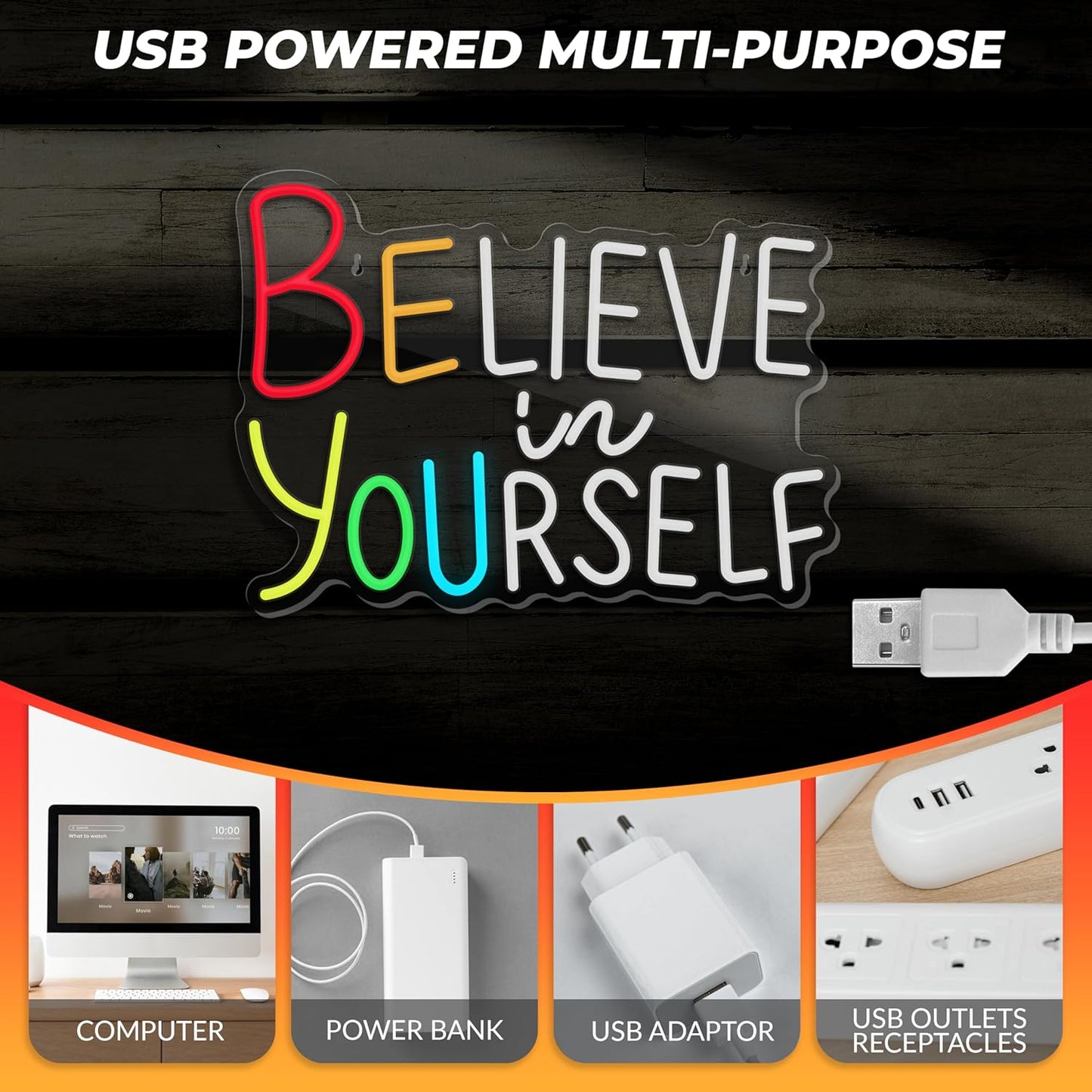 Believe in Yourself Neon Sign for Wall Decor Dimmable Inspiring Quote Neon Sign for Classroom Bar Club Bedroom Hotel Pub Cafe Wedding Office Decoration Birthday Party Gifts USB Powered