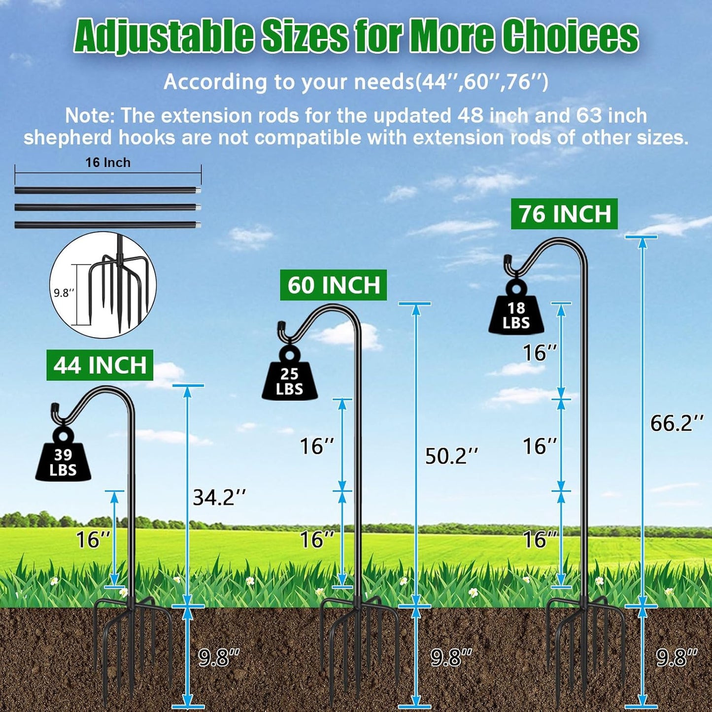 FEED GARDEN 76'' Bird Feeder Pole, Heavy Duty Shepherds Hooks for Outdoor with 7-Prong Base, Adjustable Shepherds Hook for Hummingbird Feeder, Lanterns, Plants, Wedding Decor (1 Pack)