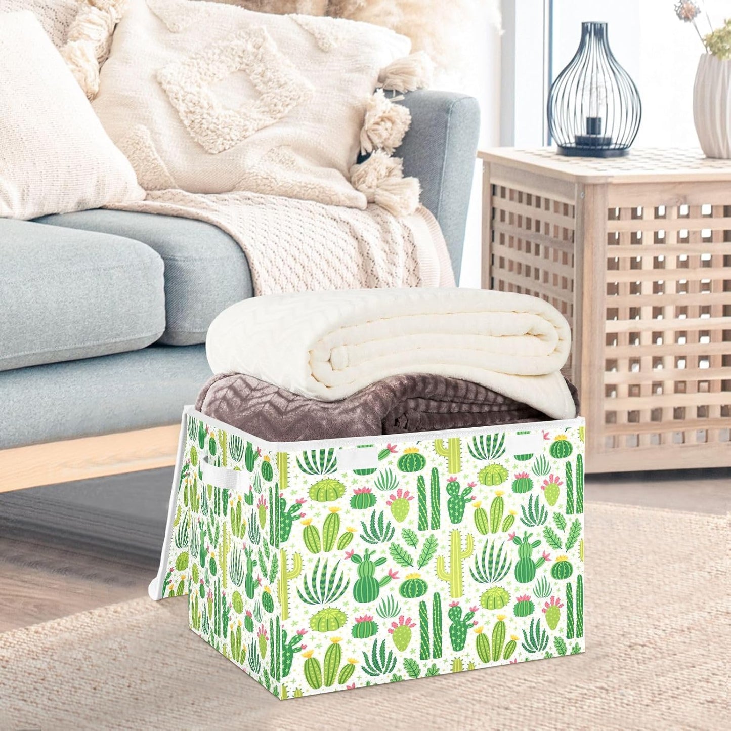 Large Collapsible Storage Bins with Lids, Green Cacti Storage Baskets Organizer Containers with Handles for Clothes