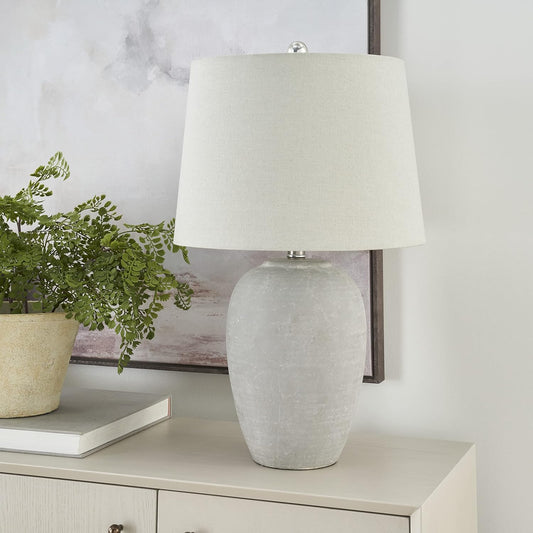 Nourison Home 23" Vintage Grey (White Washed) Ceramic Pot Table Lamp for Bedroom, Living Room, Dining, Office, with Grey Shade