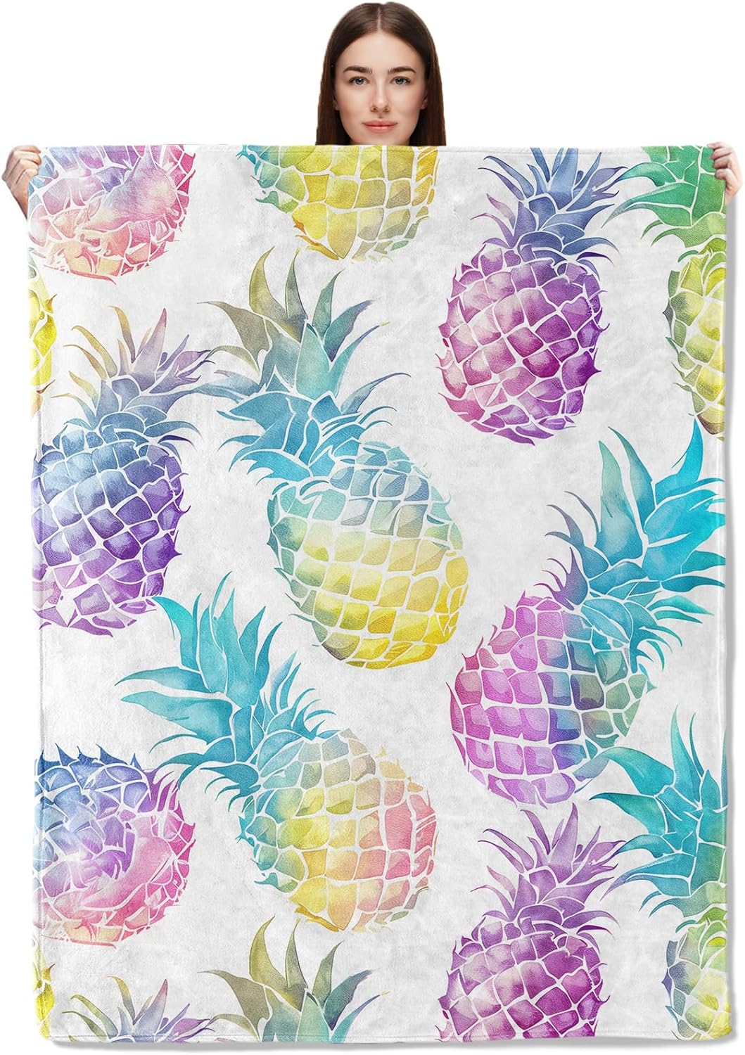 Rainbow Pineapple Flannel Throw Blanket 50x60 Inch, Colorful Watercolor Fruit Pattern Blankets Soft Cozy Fleece Throws for Food Lover Bed Sofa Dorm Living Room Summer Home Decor Gifts