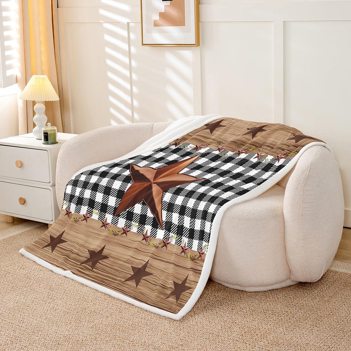 Erosebridal Western Texas Star Blanket 40"x50", Farmhouse Black Plaid Throw Blanket, Brown Vintage Country Star Fleece Blanket, Retro Rustic Checked Grid Wooden Grain Fleece Blanket