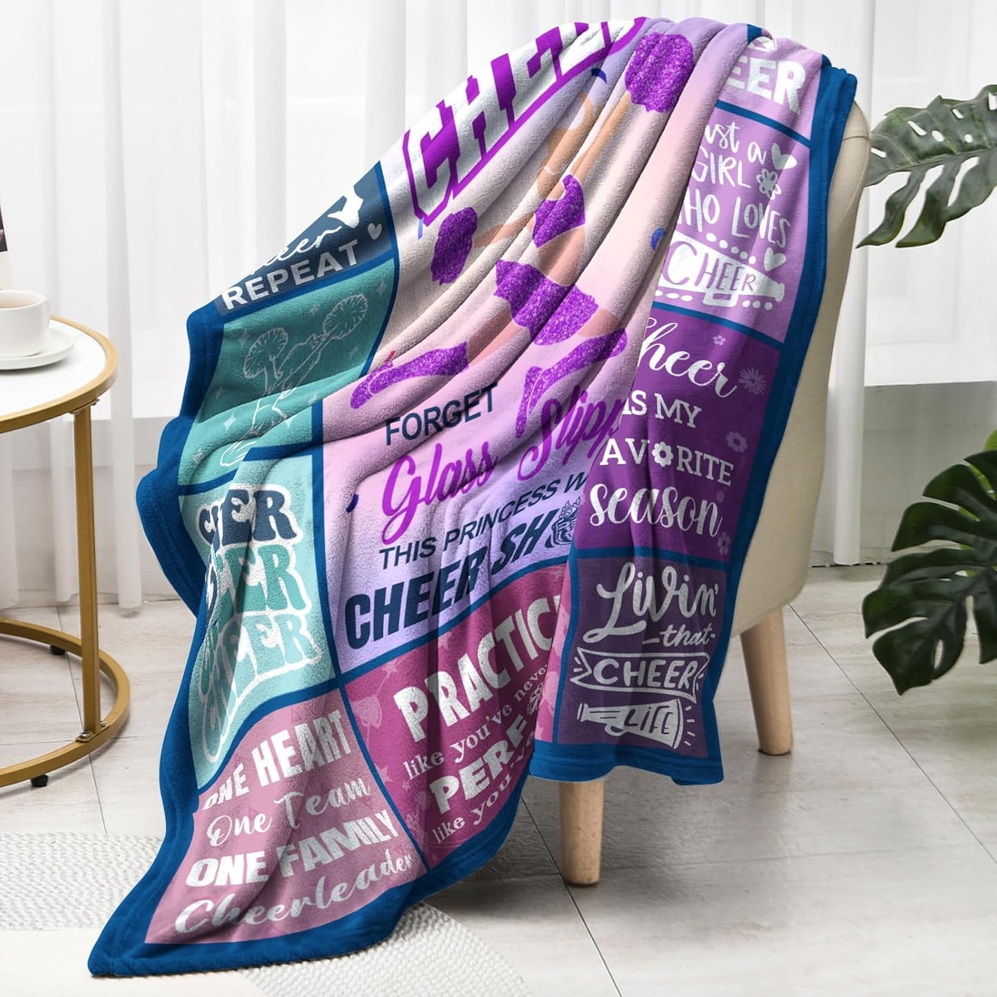 Cheerleader Gifts, Blue Purple Throw Blanket 50x60 inches– Inspirational Quotes Grid Design – Soft Cozy Fleece for Watching TV, Office, Napping – Cheerleader Gifts for Girls